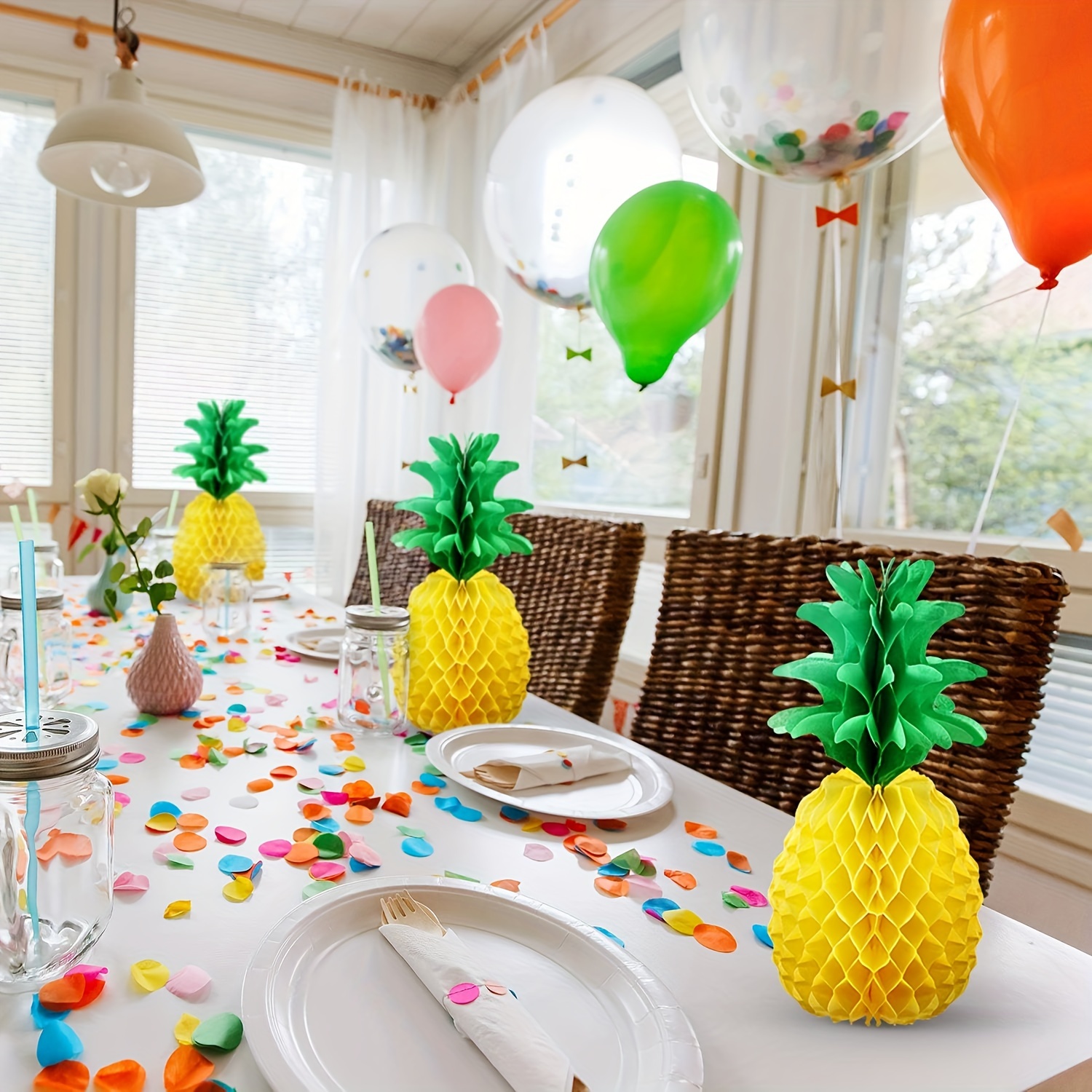 

8pcs, Pineapple Paper Honeycomb Decoration Tissue Party Pineapple Center Hanging Pineapple Table Decoration Summer Tropical Hawaii Beach Decoration