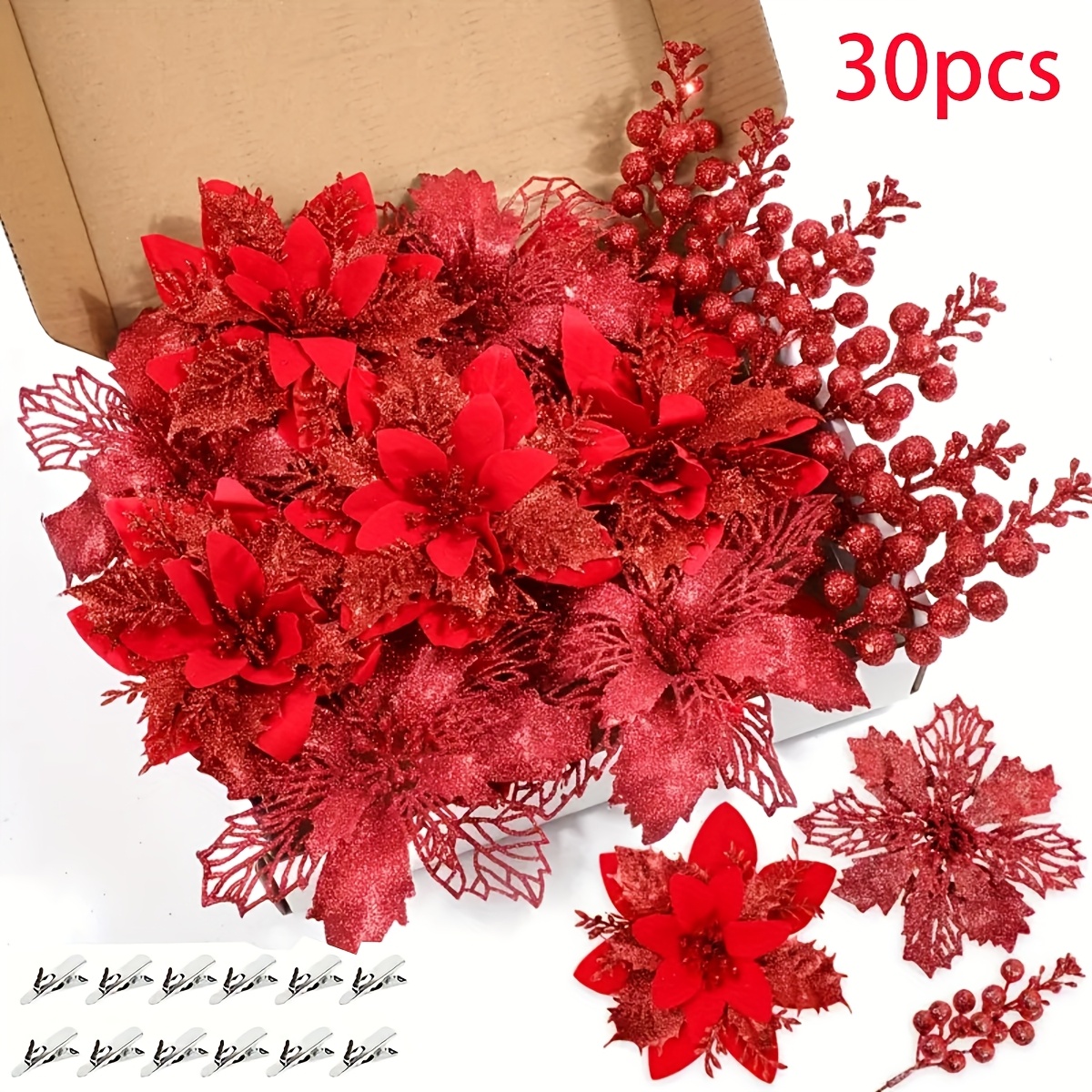 30pcs Christmas Poinsettia Set, Artificial Flowers With Stems And Clips - Elegant Golden & Decor For Tree Ornaments