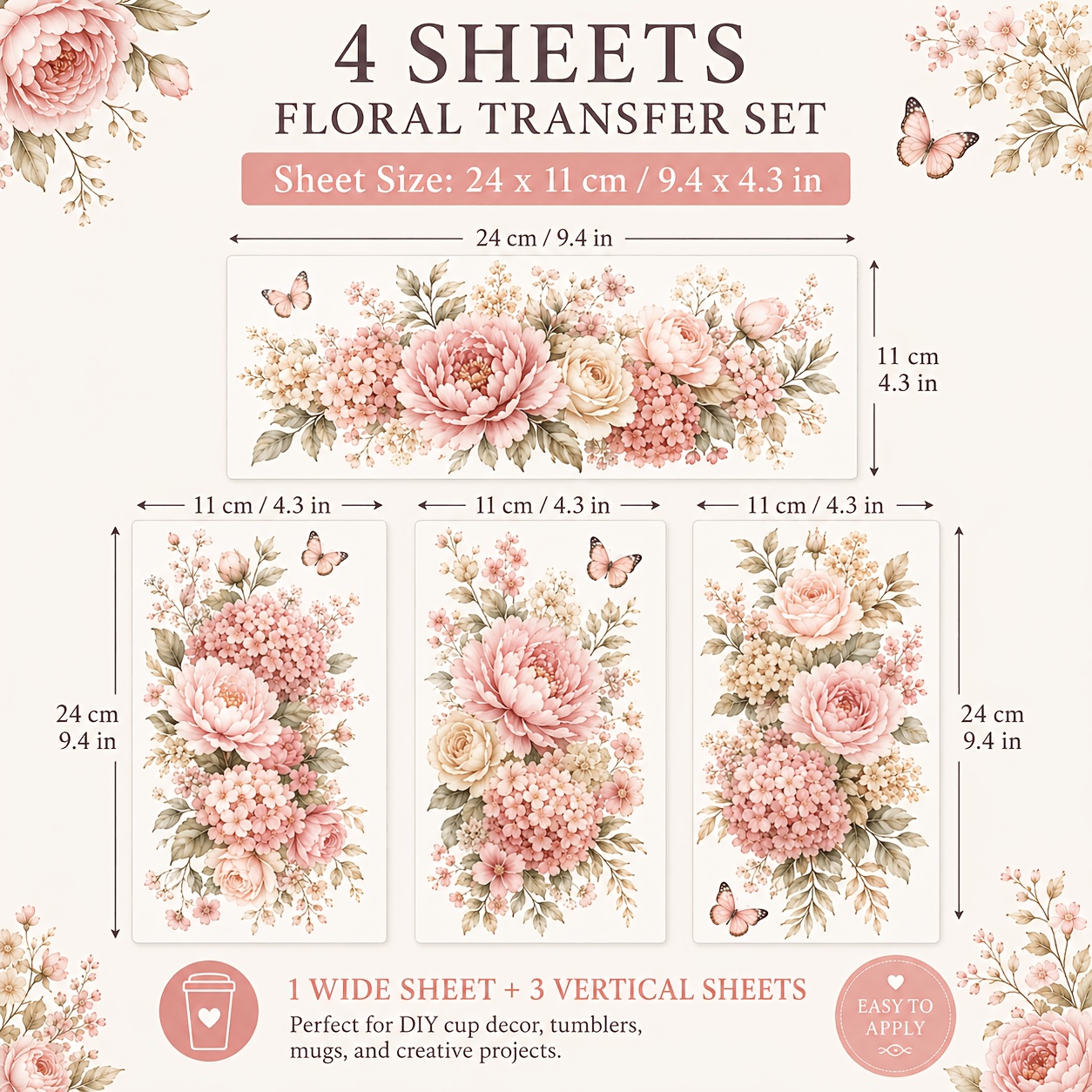 TEMU 4 Transfers à Appliquer Floraux Roses avec de Rose, , Hortensia et Papillon pour Décoration de Meubles, Armoires en Bois Faites Main, Bureaux,
