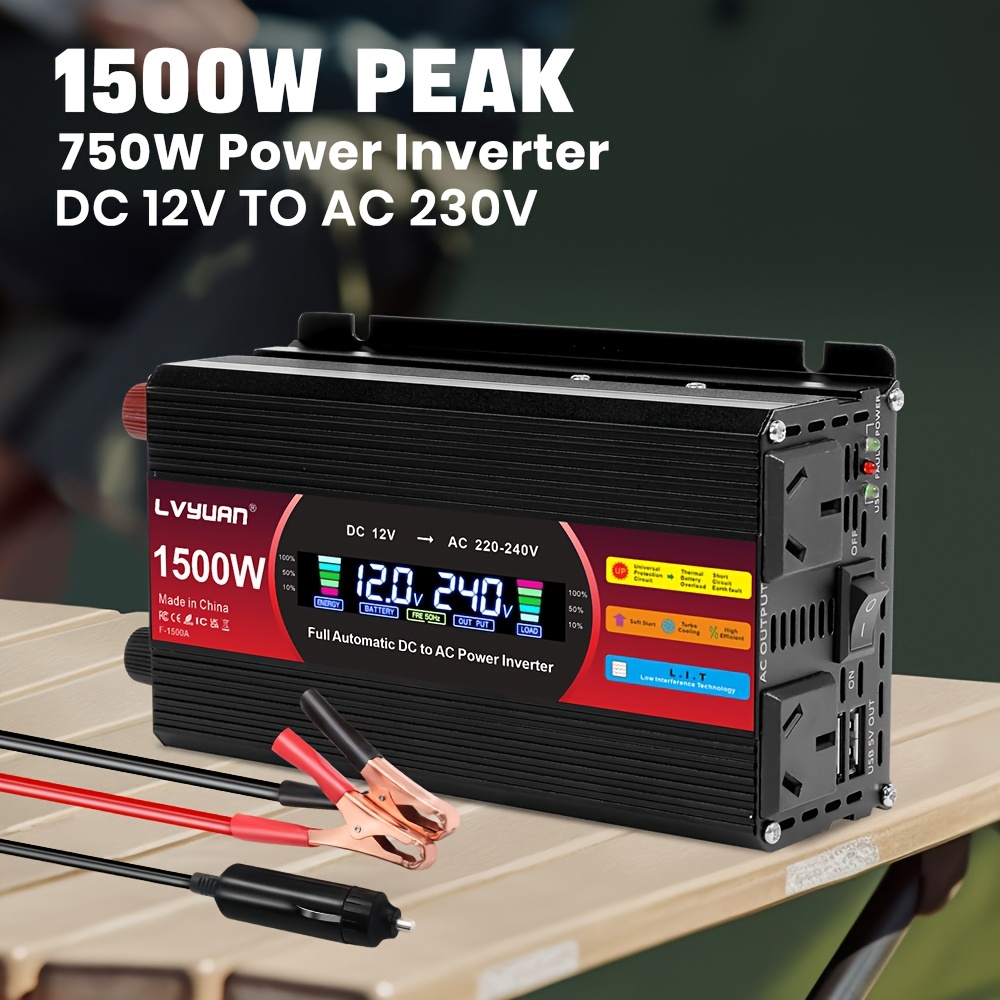 TEMU Lvyuan Power Inverter 1500w () 12v To 220v Ac With Outlet, Lcd Display, 2 Usb Ports For Car, Home, Truck, Outdoor And Camping