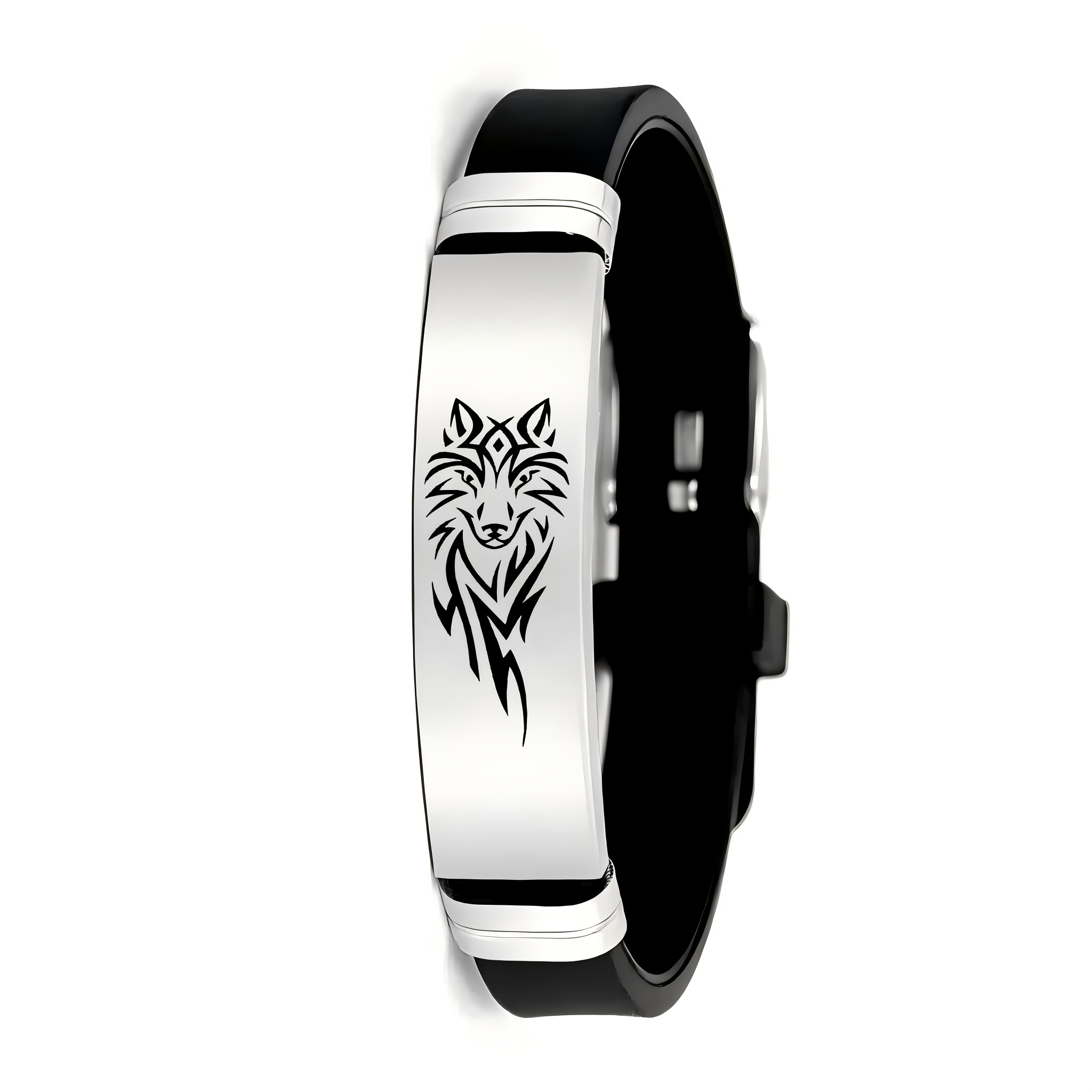 E-shop Armband mit Wolfs-Kopf aus Edelstahl 202 & Silikon – Tribal Wolfszahn ohne Nickel, geeignet für Mardi Gras, Tagesgeschenke, ganzjähriges Tragen,