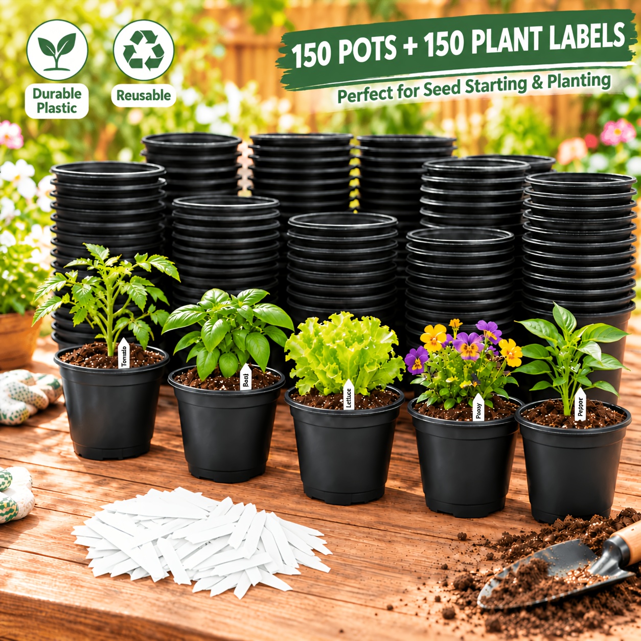TEMU 150pcs 4-inch Diameter Seed Starter Tray Set - Reusable Plastic Pots With Drainage Holes, Stackable Seed Trays With 150pcs Plant Labels, Durable