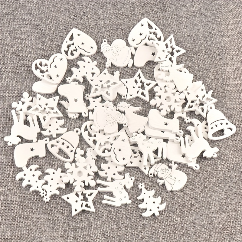 Image of 50pcs Classic White Wooden Christmas Ornaments - Festive Diy Craft Accessories With Snowflakes, Reindeer, Stars & More - Party Decorations, Christmas Decorations