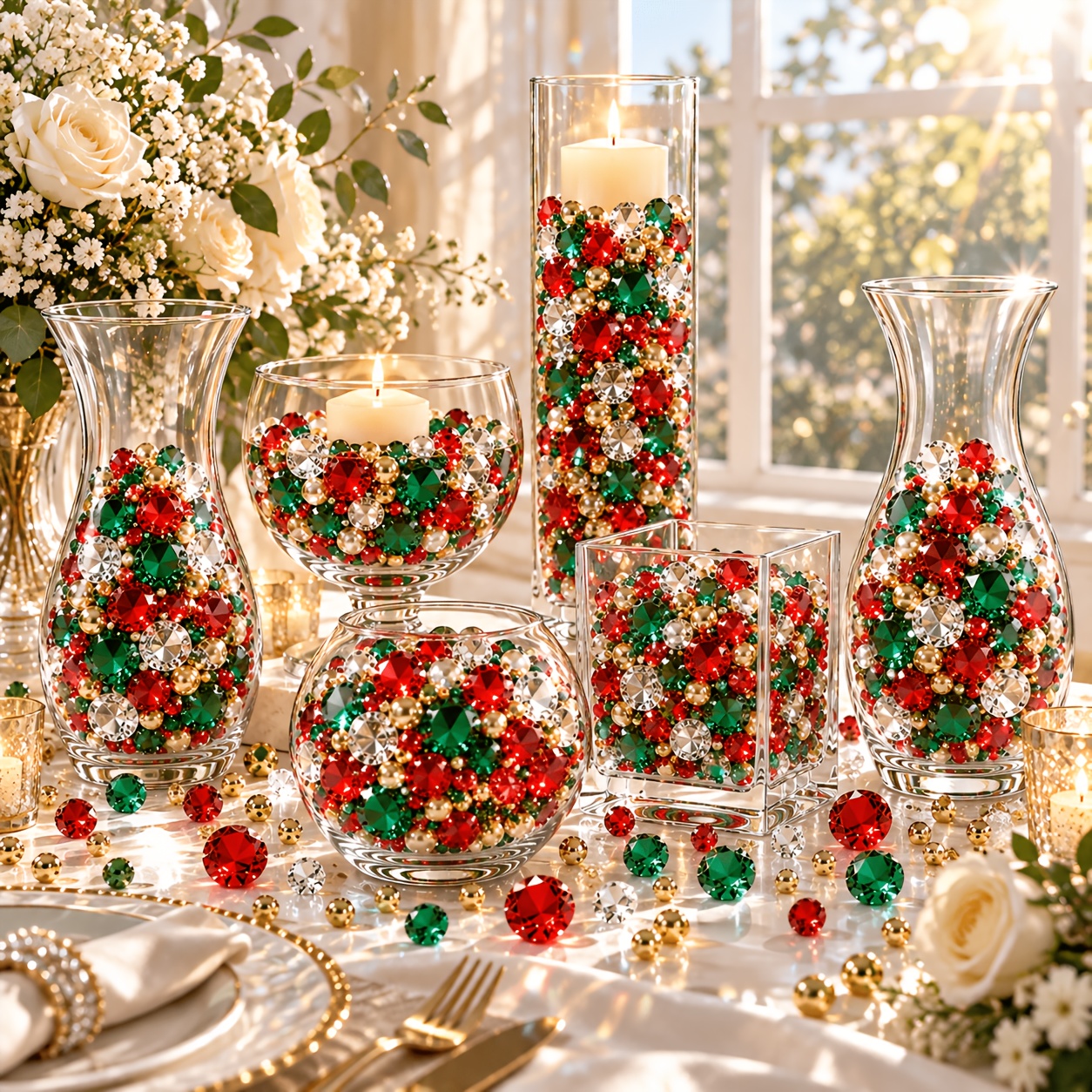 TEMU 767 piezas de rellenos para jarrones navideños, diamantes artificiales acrílicos rojos transparentes, piedras preciosas artificiales