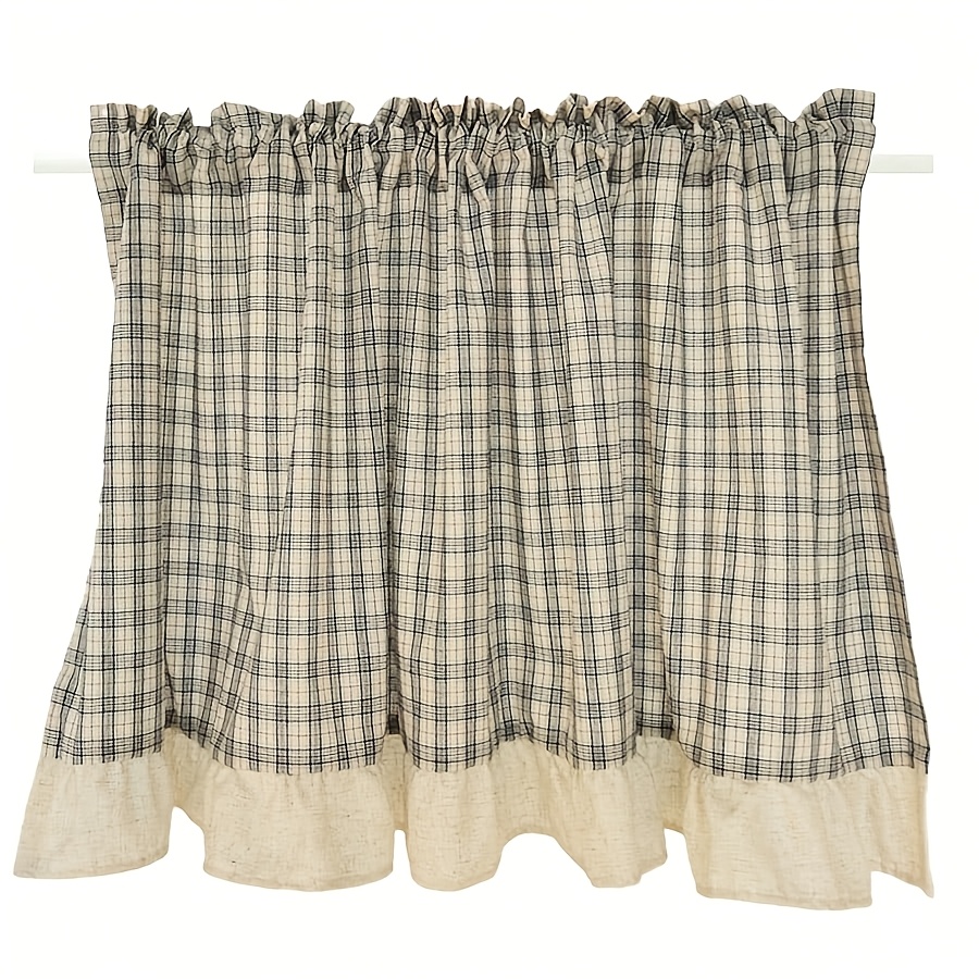 TEMU 1pc Dark Blue Plaid Half Curtain With Hem - Filtering Suitable, Bedroom, Door, - Machine Washable Panel Blinds For & Decor, Hanging