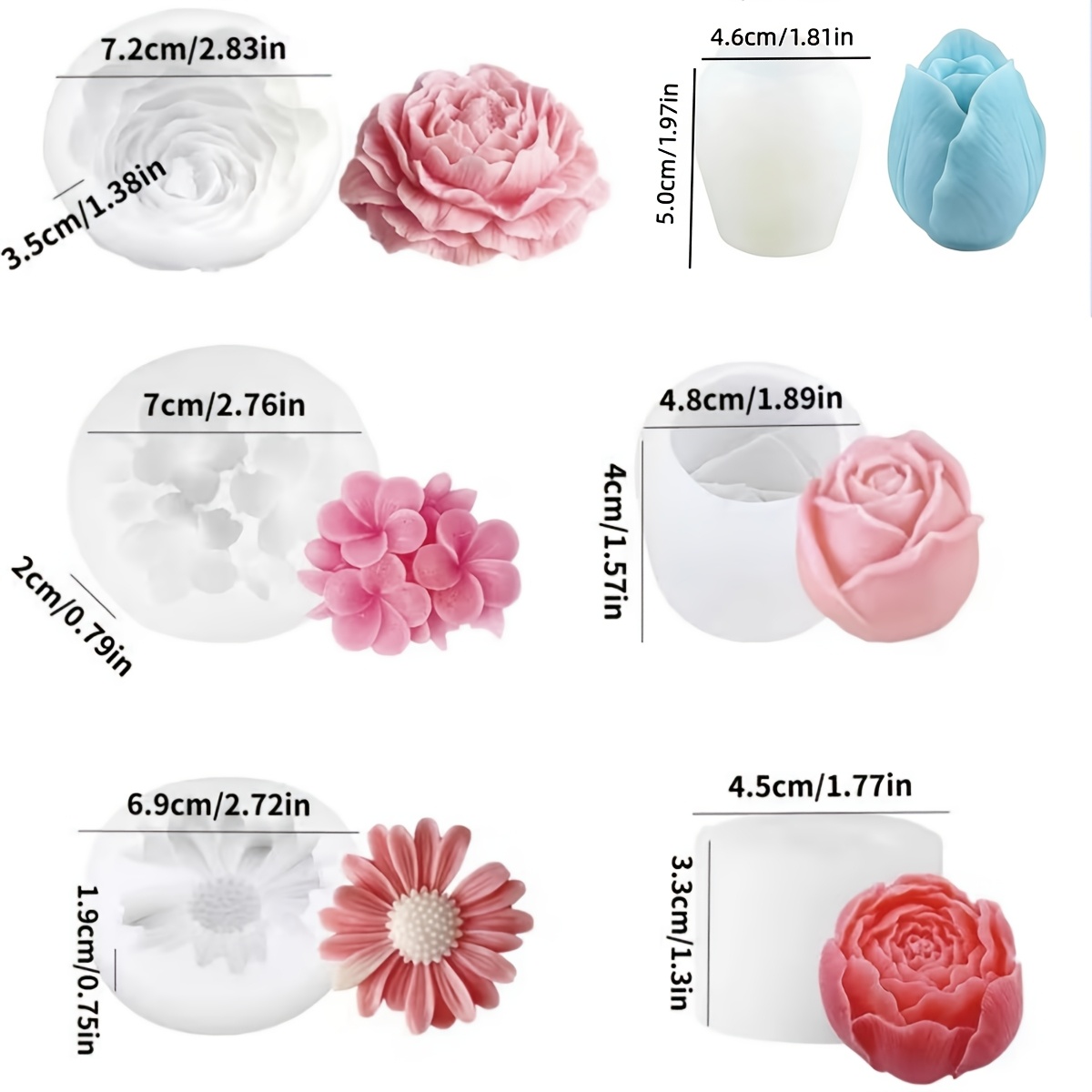 E-shop 6-teiliges Silikonformen-Set der Blumenserie | Kerzen- Seifenformen-Set mit Tulpen-, Rosen-, Spitzenrosen-, Pfingstrosen-, Gänseblümchen-