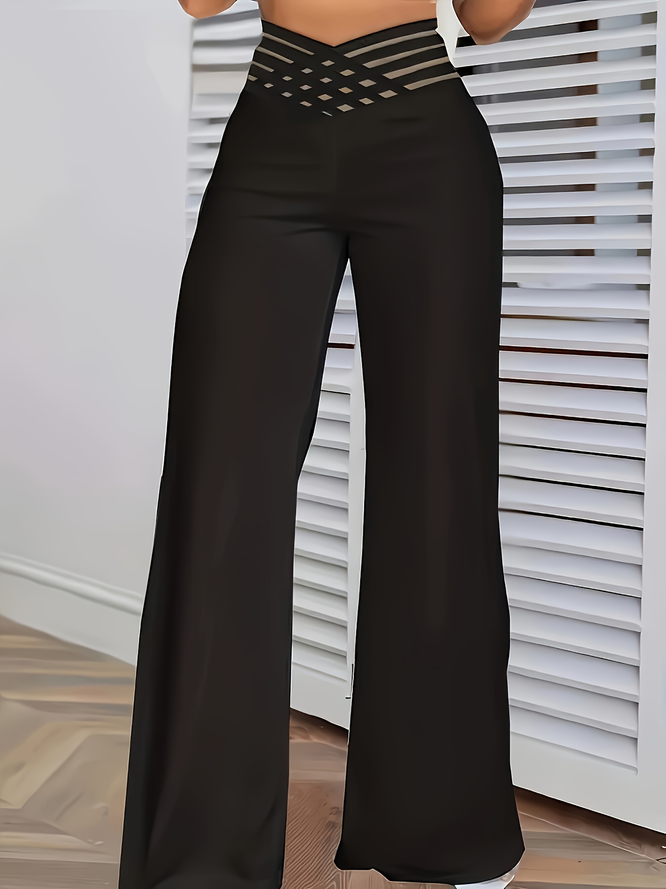 Elegant High-Waist Cross Detail Transparent Mesh Patchwork Pants, Solid Color, Polyester, Machine Washable - All Seasons