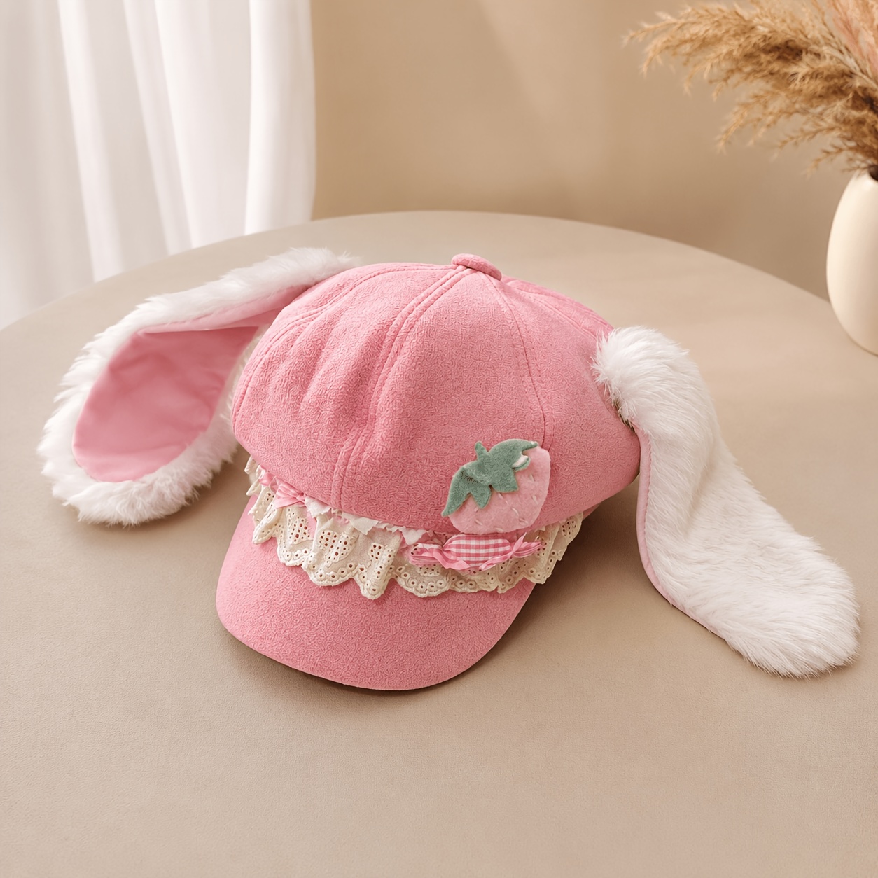 TEMU 1pc Women's Cute Soft Bunny Ear Hat, Strawberry Lace Decoration Plush Bunny Ears Adjustable Beret, Headwear