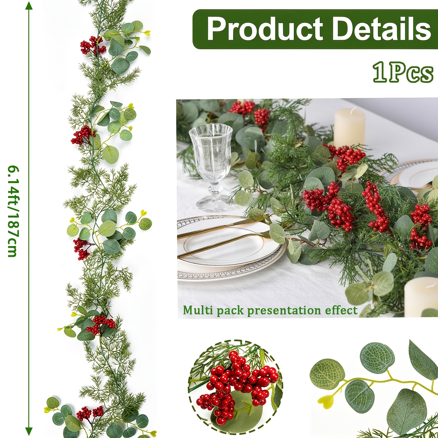 TEMU 1pc 6.14ft Artificial Christmas Garland, Eucalyptus Leaves & Red Berries Decorative Vine, Greenery Hanging Garland For Fireplace, Table, Wall