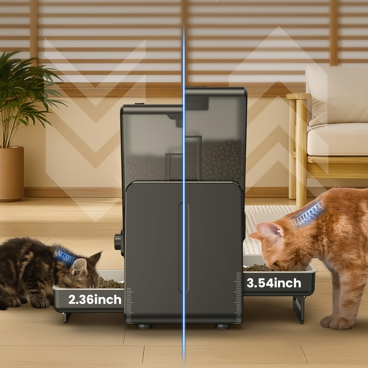 Tidsindstillet dispenser til katte og hunde med dobbelt skåldesign, 5 liters kapacitet, stemmeoptagelse, programmerbare indstillinger og muligheder til kæledyr indefra uden batteri. Produktdetaljer 4