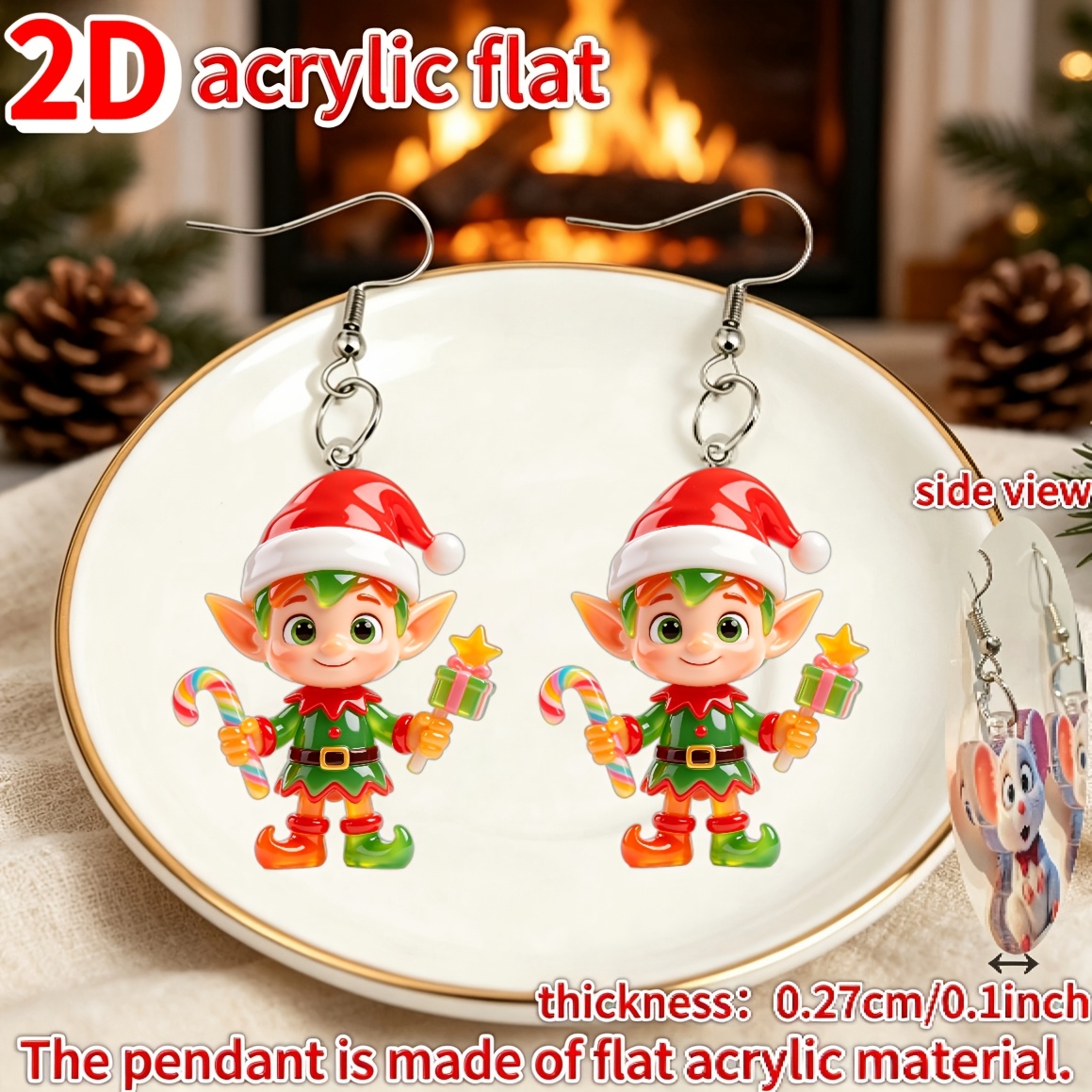 2D Flat Christmas Elf Acrylic Earrings, Cute Girly Style