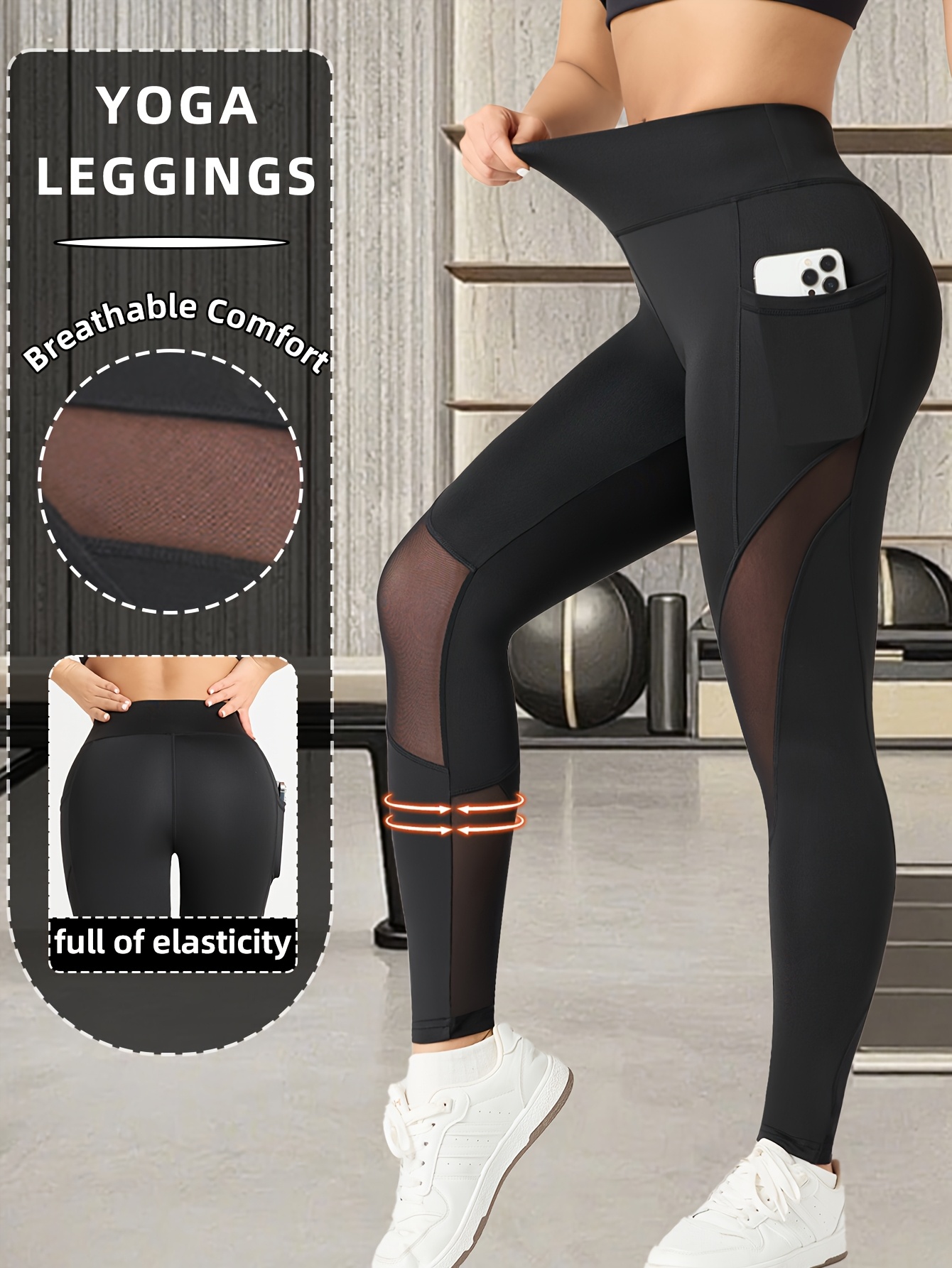 Women'S Pocketed Mesh Yoga Pants, Outdoor Fitness Leggings, High-Waisted Tummy Control Tights, Moisture-Wicking Breathab