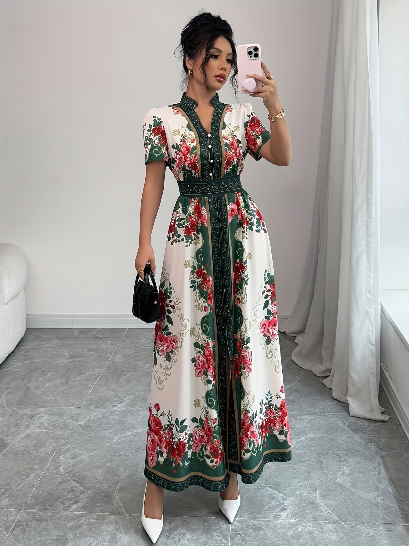 womens floral print elegant a line dress with stand up collar puff short sleeves machine washable summer long dress with side   regular fit for casual formal occasions cute dresses Product details 2