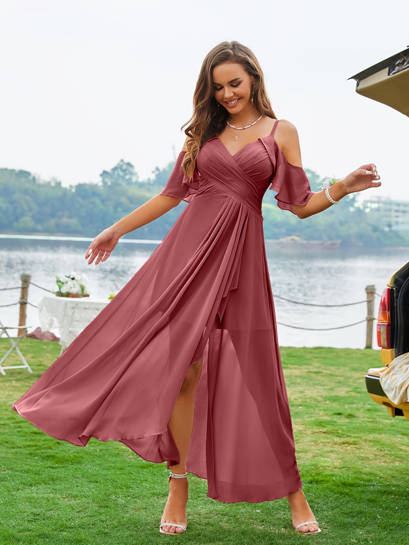 watters crinkle chiffon bridesmaid dress A-line Pleated Chiffon V-neck Long Bridesmaid Dresses
