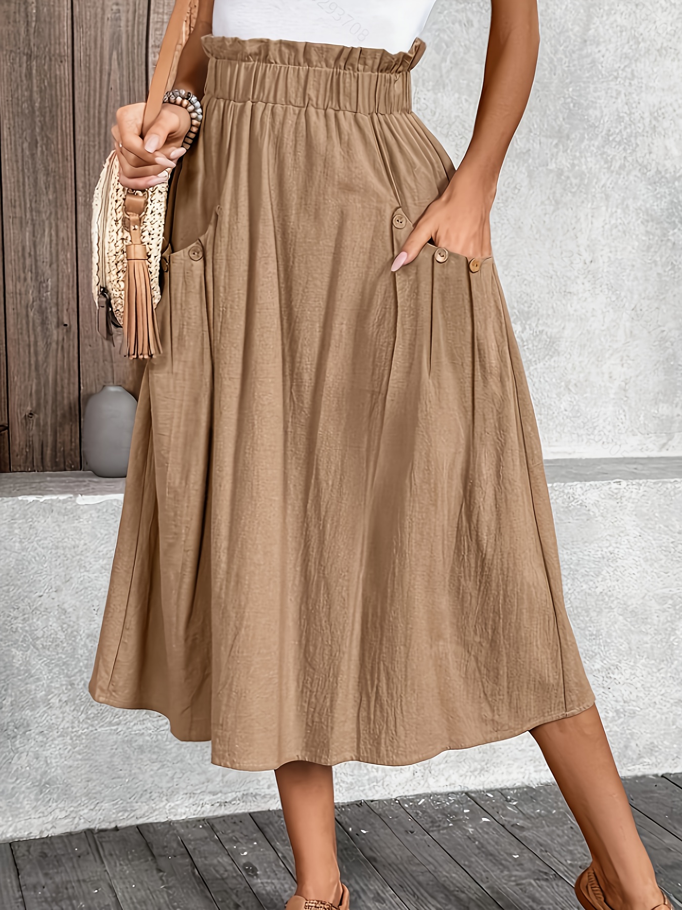 Midi Skirt Womens Khaki Skirt With Pockets Women's Casual Midi