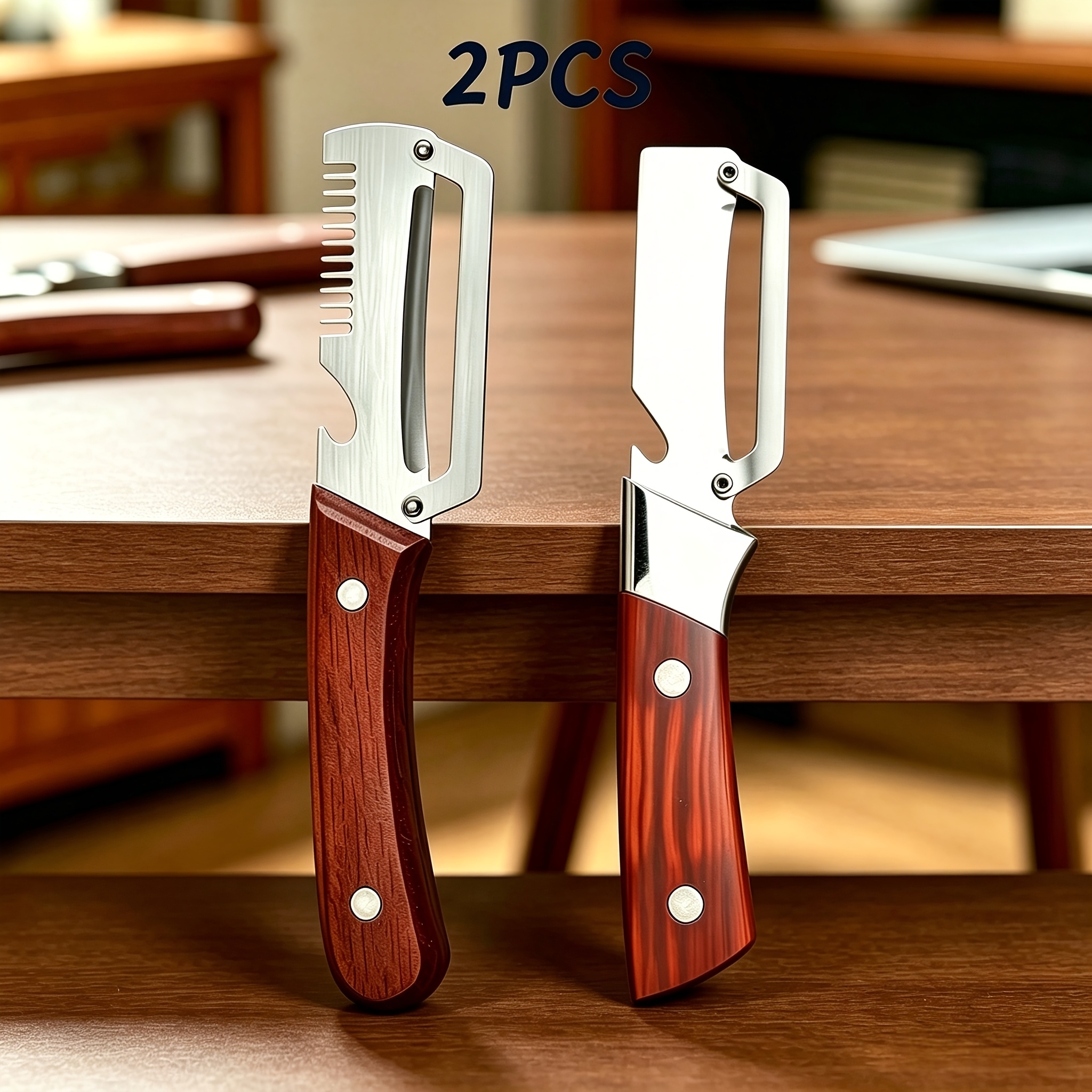 2pcs Multi-functional Vegetable Peeler Set. Contains -in-1 Peeler And 1 2-in-1 Peeler, With Wooden Handles And Bottle Openers. An Essential Tool For Cooking With Cost Performance