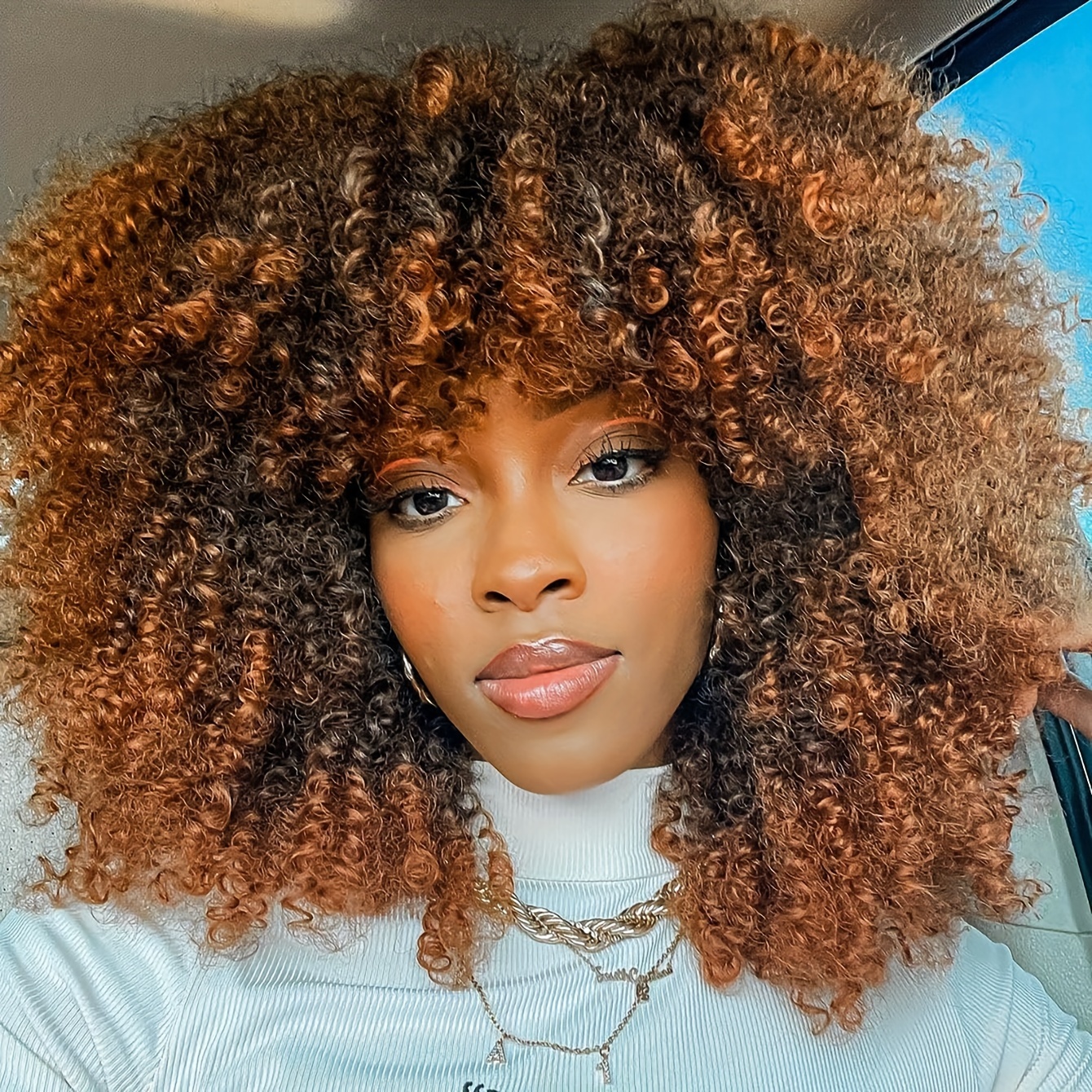 

Chic Ombre Brown Afro Wig With Bangs For Women - 14" Short Synthetic Hair, High-temperature Fiber, Perfect For Parties