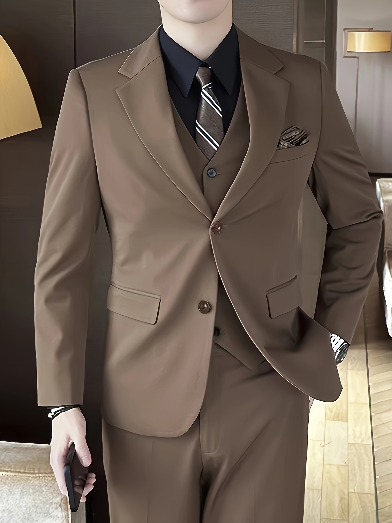 Men'S Elegant Dark Brown Double-Breasted Blazer - Slim Fit, Long Sleeve, Polyester, All-Season Jacket for Formal & Casual Occasions, No Scarf, Formal Attire|Sleek Lapel|Polyester Fabric