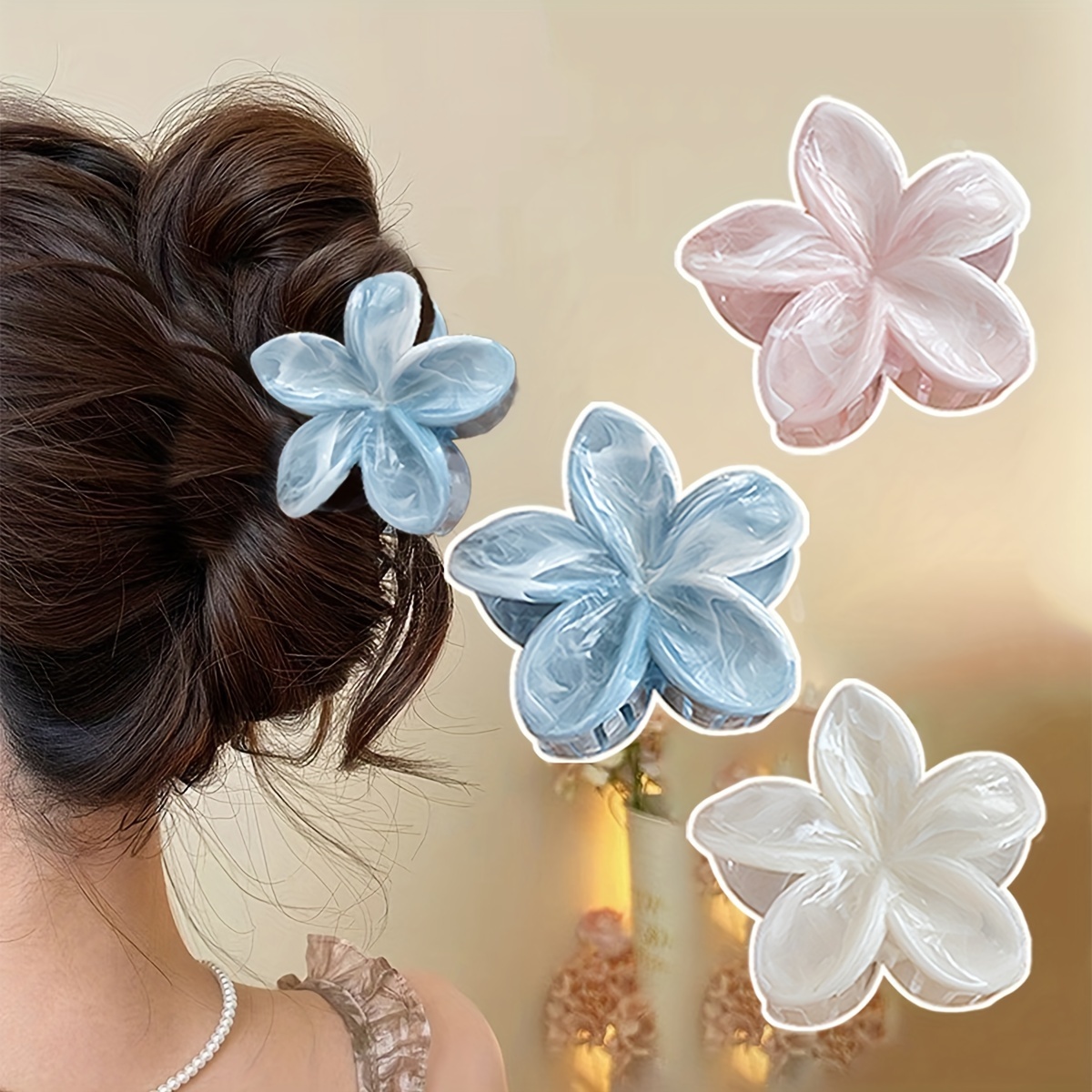 

3pcs Set Elegant Floral Hair Claw Clips - Cute & Sweet Ponytail Holders For Women, Medium Size, Design