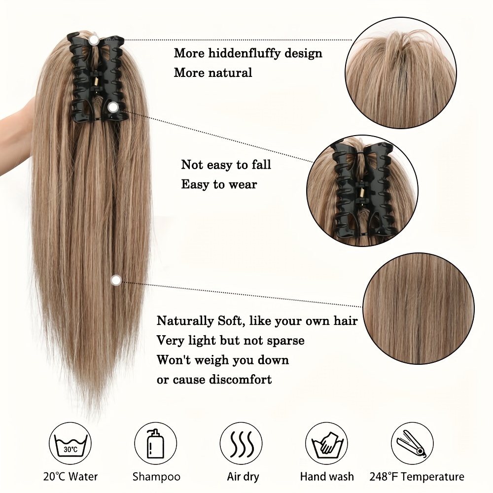 16 fluffy synthetic claw clip on ponytail extensions for women short straight hair bun pieces for daily use parties and halloween cute hair accessories party hairpiece natural look hairpiece details 1