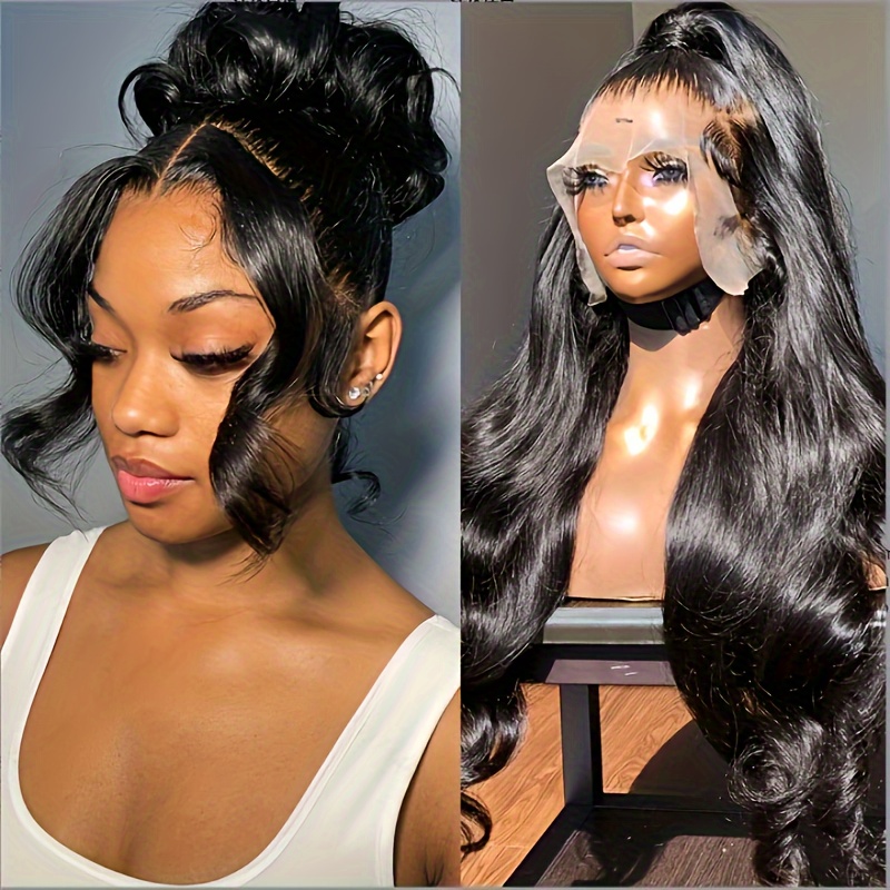 Image of Full Lace Wigs Made From Human Hair With Body , Featuring 250 Density And A Transparent Lace Front. Pre-plucked Hd Lace Frontal Wigs Black Shade
