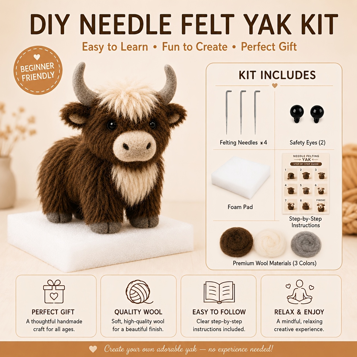TEMU Felt Yak Craft Kit - Needle Felting Animal Set, Includes Complete Craft Material Pack With -by-step Tutorial Video. Beginner-friendly Ornament.