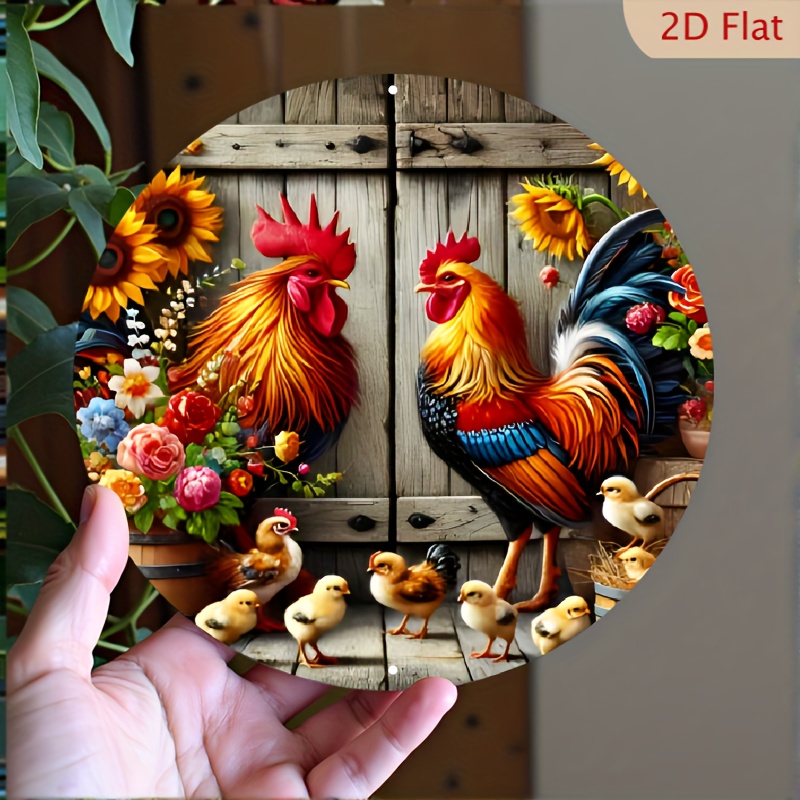 TEMU 2d Flat - 2d 1pc Decorative Signs & Plaques Vintage Rooster And Chicks Aluminum Wall Art - 8x8 Inch Round 2d Printed Metal Sign, Multipurpose