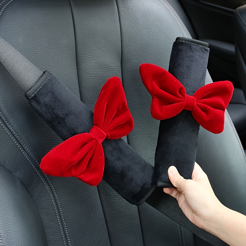 

1 Pair Velvet Bowknot Car Seat Belt Cushion Cover, Universal Fit Polyester Fiber Shoulder Pad Protector, Anti-squeeze , Interior Accessory With Red Bow Detail