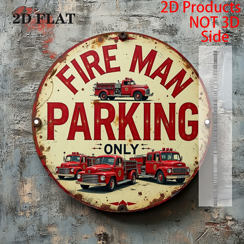 TEMU Panneau de stationnement vintage pour pompiers - Décoration murale en aluminium de 19,79 cm de diamètre avec motif de camion de pompiers rouge ,