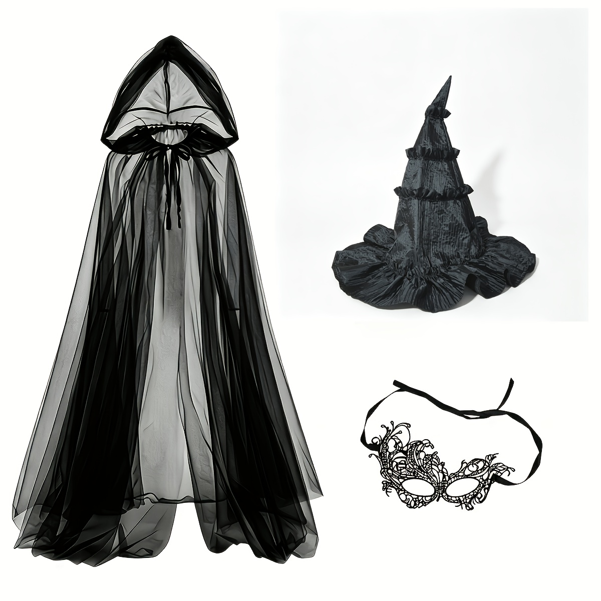 TEMU Ensemble d'accessoires de sorcière d'Halloween 3 pièces, chapeau à volants, cape et masque en dentelle noire, ensemble de costume de sorcière