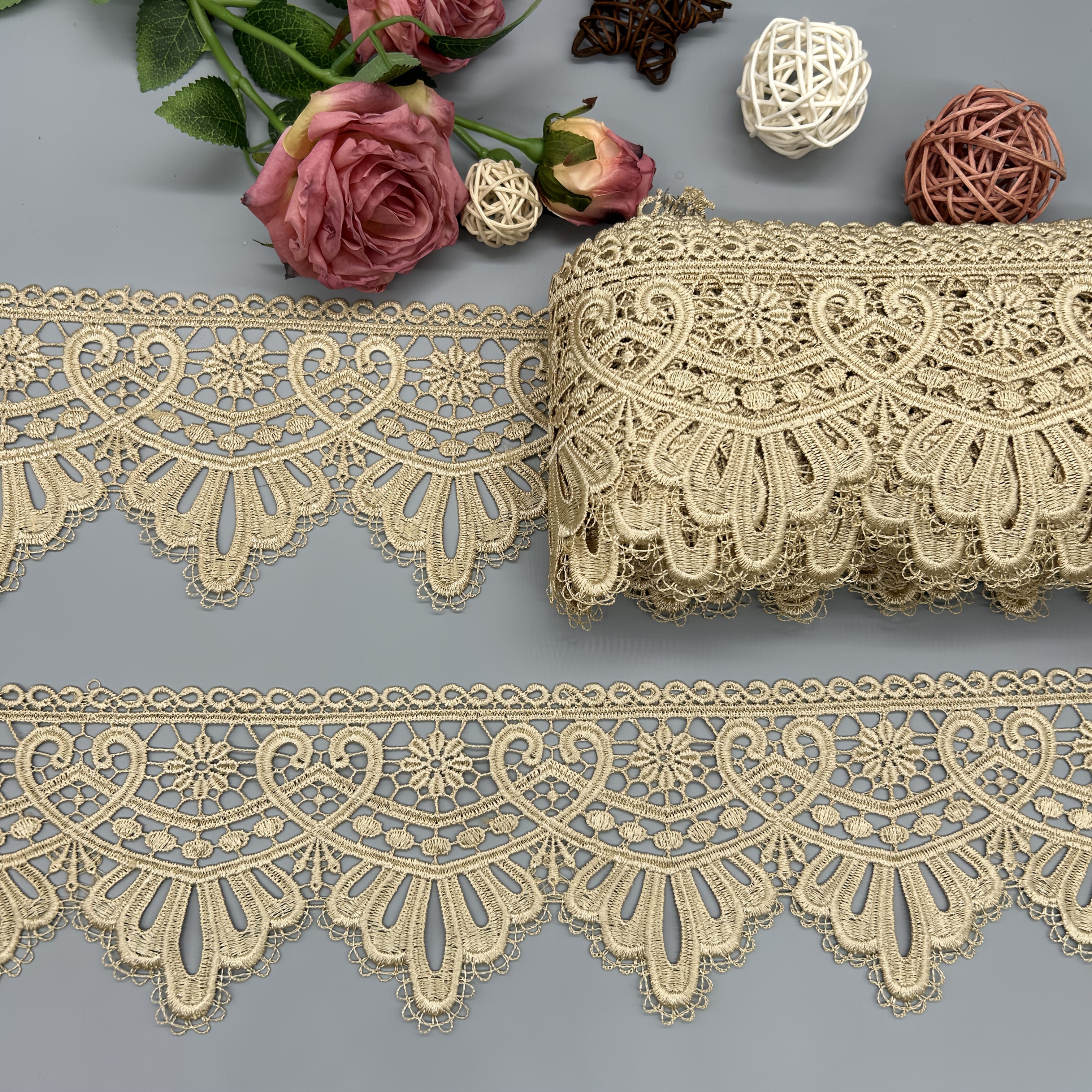 TEMU Encaje bordado soluble en agua con forma de dorado, ancho 11 cm/4.33 pulgadas, exquisito floral hueco, artesanía y duradera, adecuado para ropa
