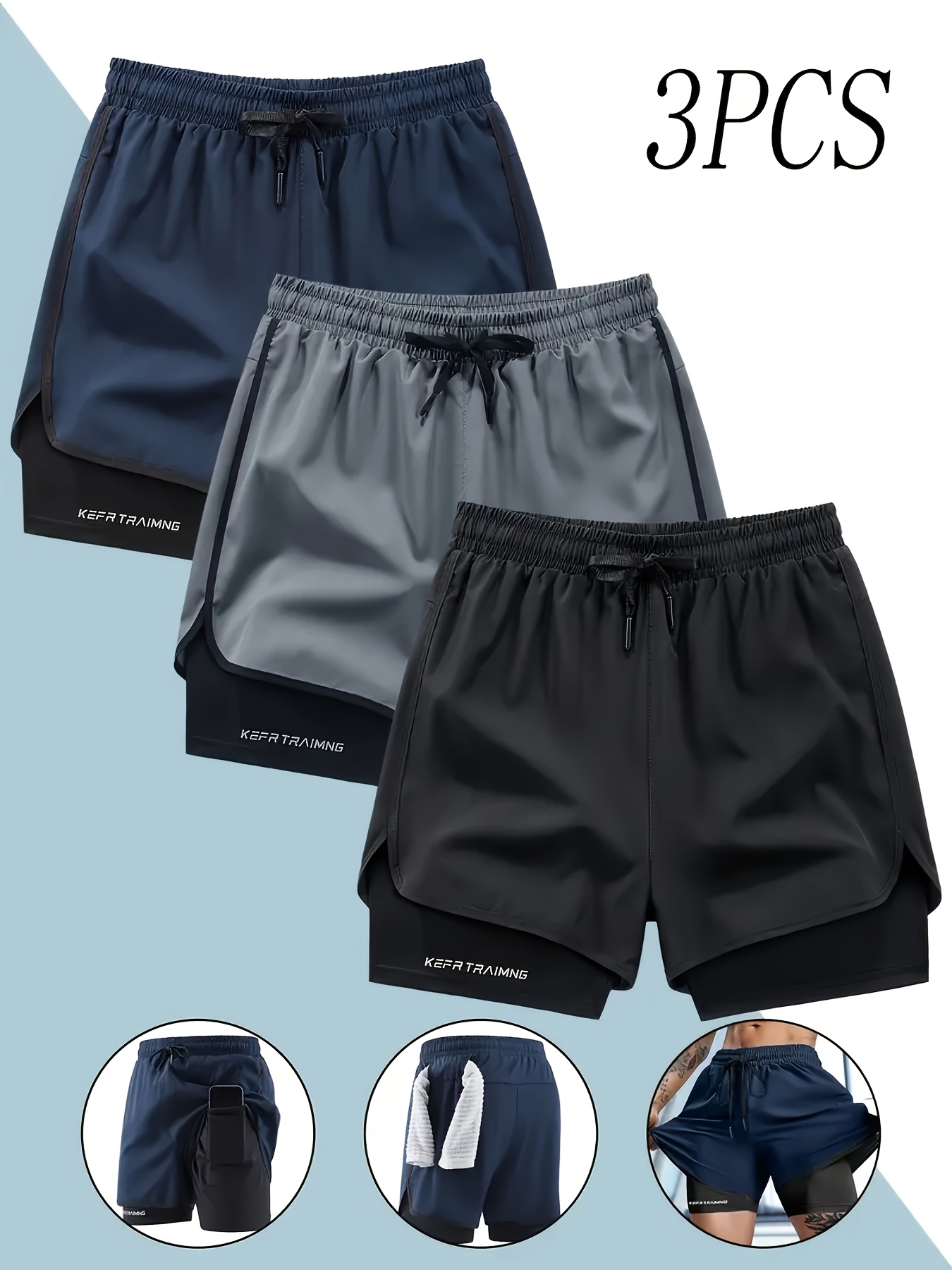 3pcs mens running shorts summer outdoor sports training fitness with lining 2 in 1 shorts black gray blue 0