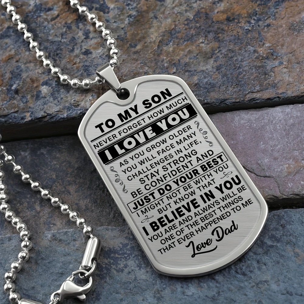 

Dad To Son Stainless Tag Necklace - Engraved Inspirational Message, 19.68"+1.96" Adjustable Beaded Chain - Ideal For Birthday, Graduation, Thanksgiving & , Gifts For Dad