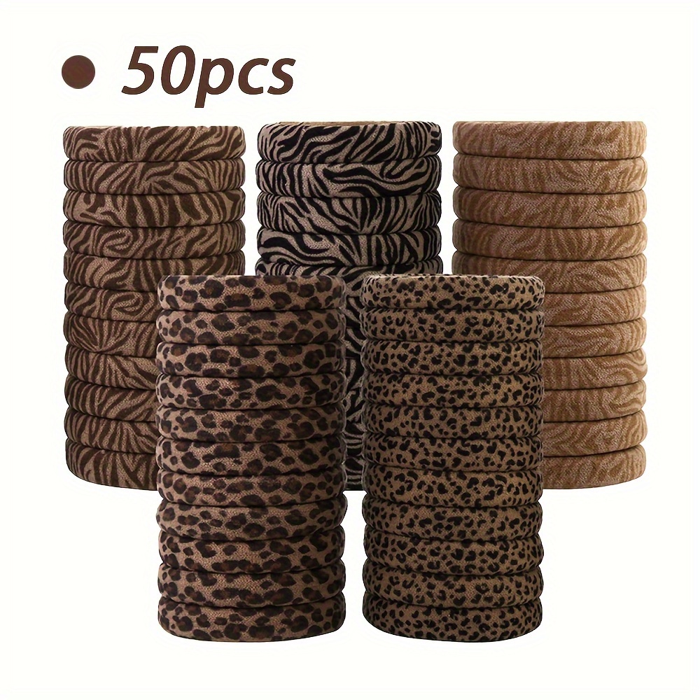 Image of 10//50pcs Ladies Fashion Leopard Print Soft Fabric Hair Rope, 2" Diameter, 5 Colors, Elastic, Damage Resistant, For Thick Hair Ponytail Retainer