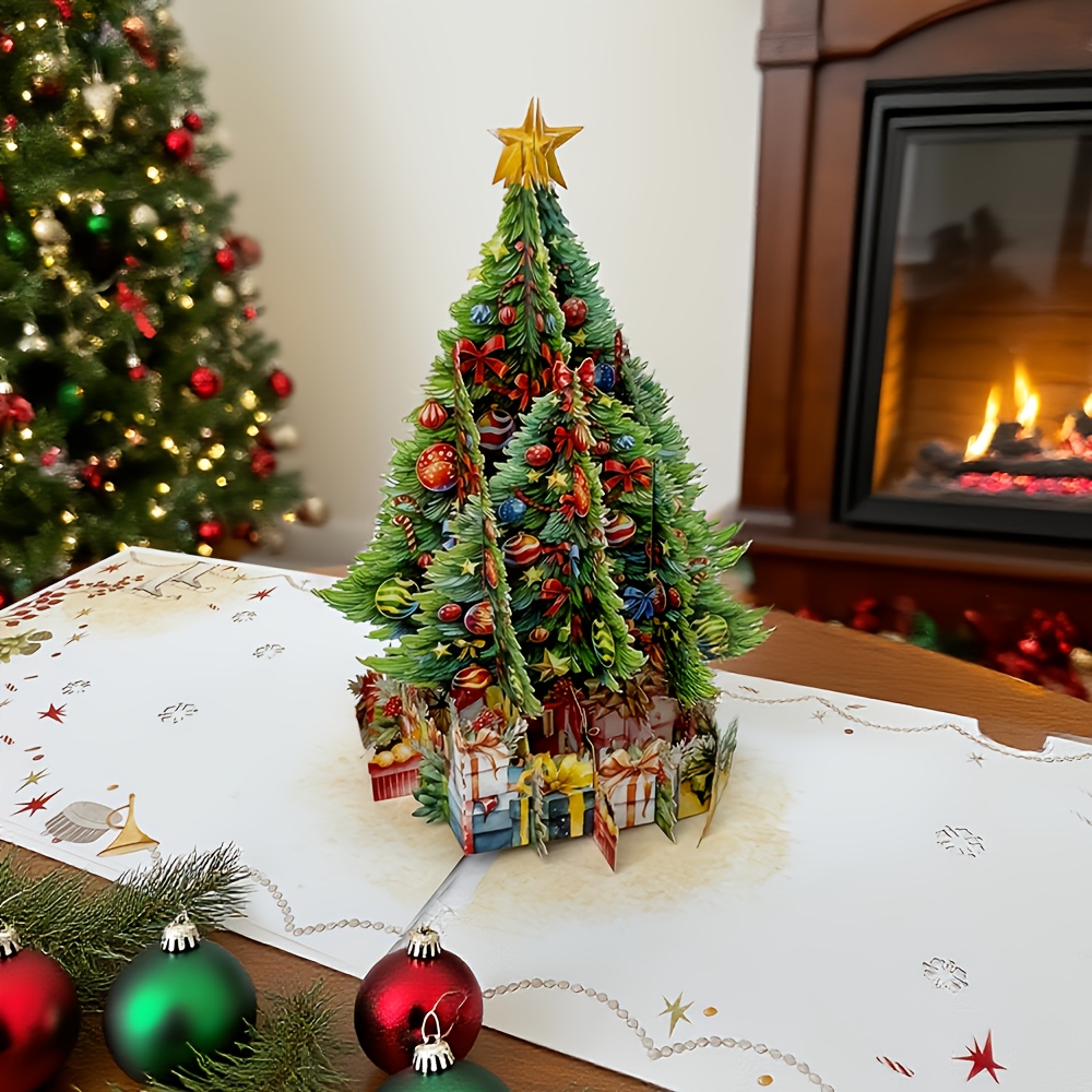 TEMU 1 Set 3d Christmas Greeting Card With Envelope - Layered Tree With Ornaments, Pine Cones & Star Topper - Diy Blank Card For Birthdays,