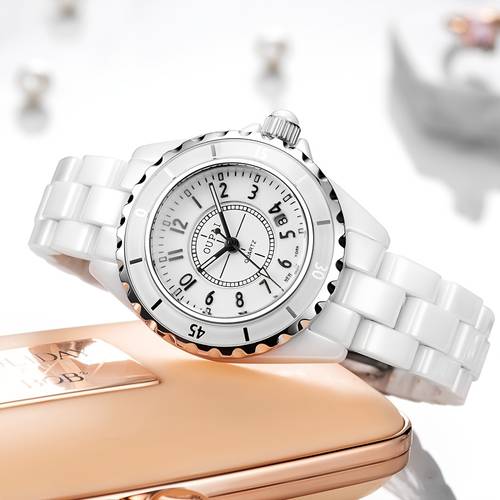 white ceramic womens watch with arabic featuring a quartz movement and calendar stylish and suitable for everyday