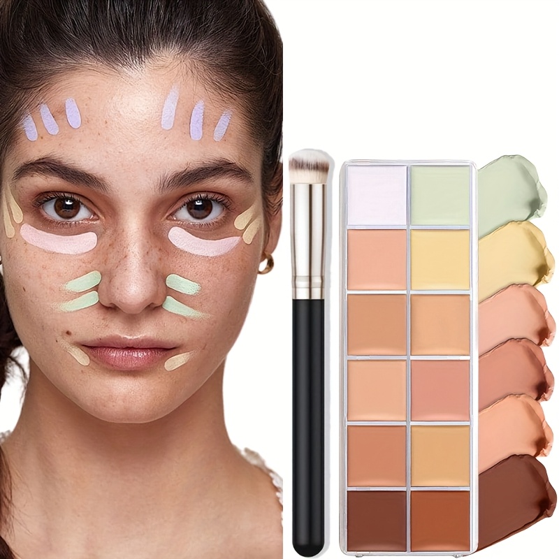 TEMU 12-color Cream Concealer Palette With Brush - Heavy Coverage Formula, Buildable Coverage For Dark Circles,, - Creamy Contouring Makeup Kit Suitable For Skin Types (12 Shading)