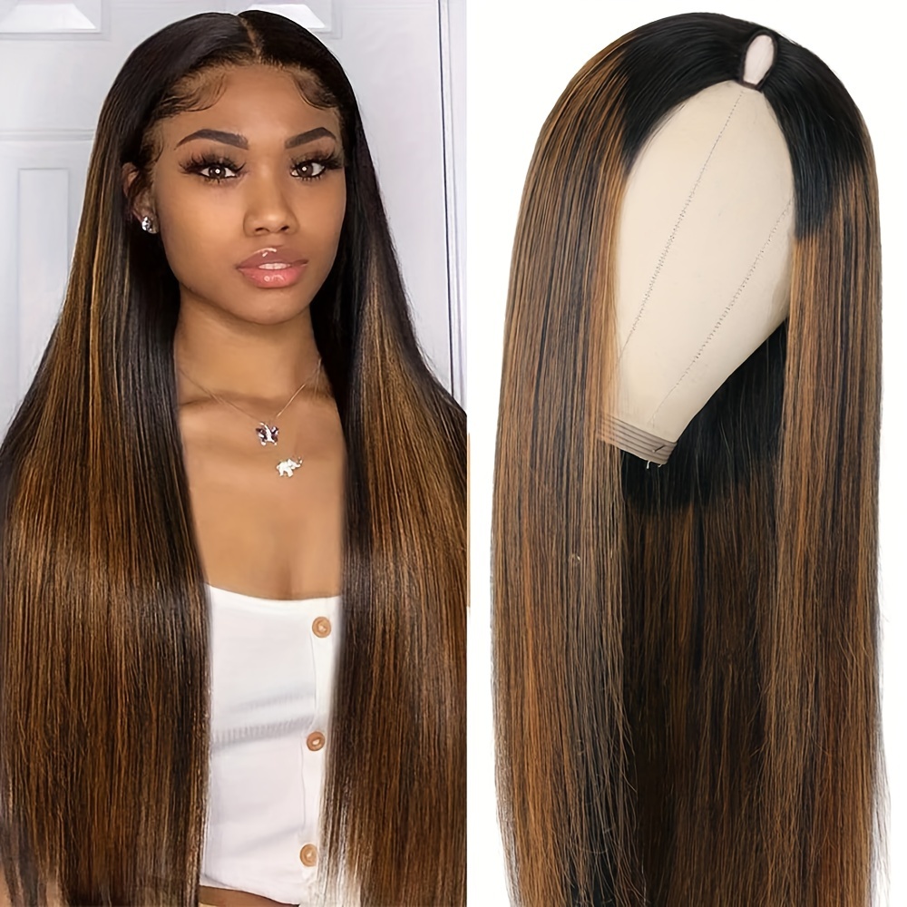 FB30 Ombre V Part Wig Human Hair No Leave Out Upgrade Straight U Part Wig Highlight Blonde No Glue Brazilian Virgin Straight Human Hair Wigs For Women Colored Brown 180 Density