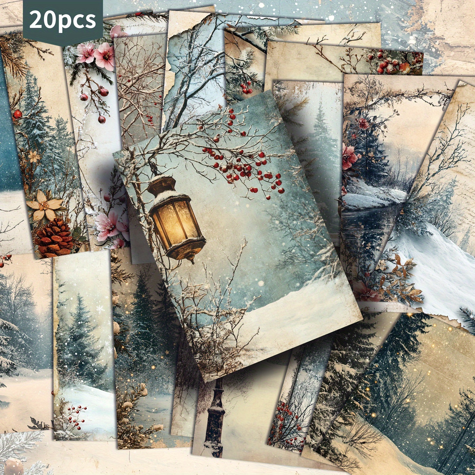 TEMU Lot de 20 cartes postales vintage hivernales en papier de sapin de neige - Papier de journal 4X6 pouces, illustrations classiques, cartes de