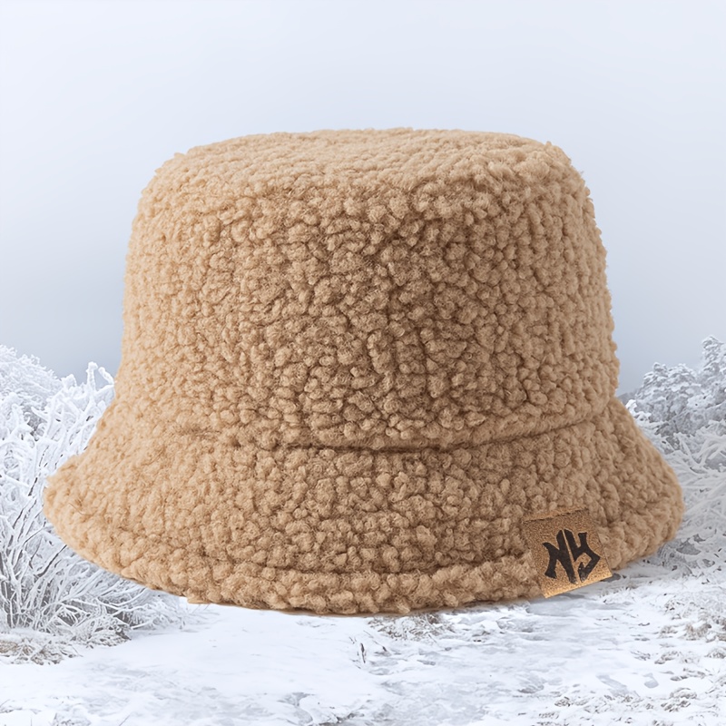 TEMU 1pc Men's And Women's Lambswool Bucket Hat, Fashionable Solid Ny Patch American-style Wide Brim Hat, Autumn/winter Warm Plush Bucket Hat, Korean