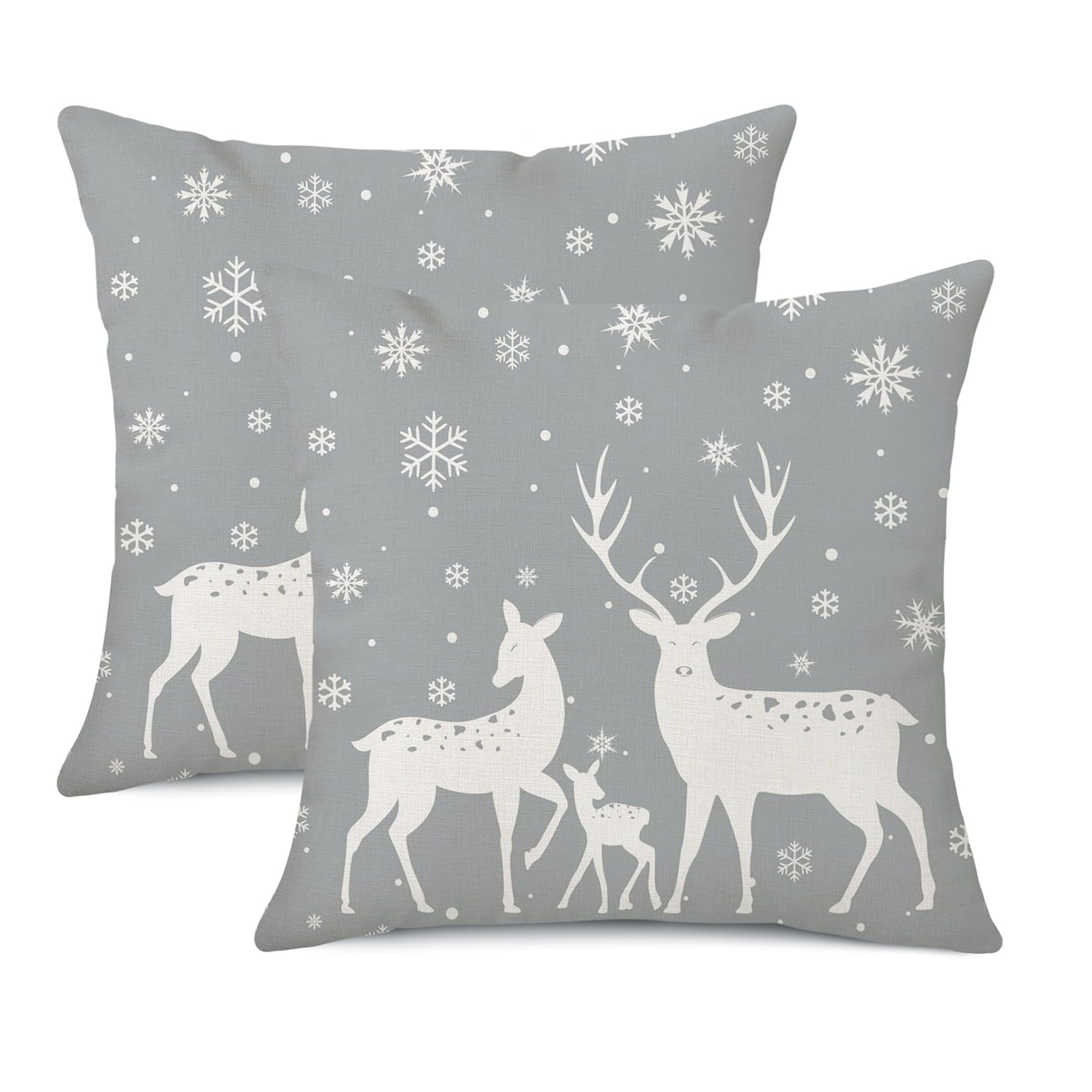 

2pcs Contemporary Style Grey Christmas Deer & Snowflake Pillow Covers, 16x16/18x18/20x20 Inches, Linen Cushion Cases With Zipper, Machine Washable, For Sofa, Couch, Bed Decor