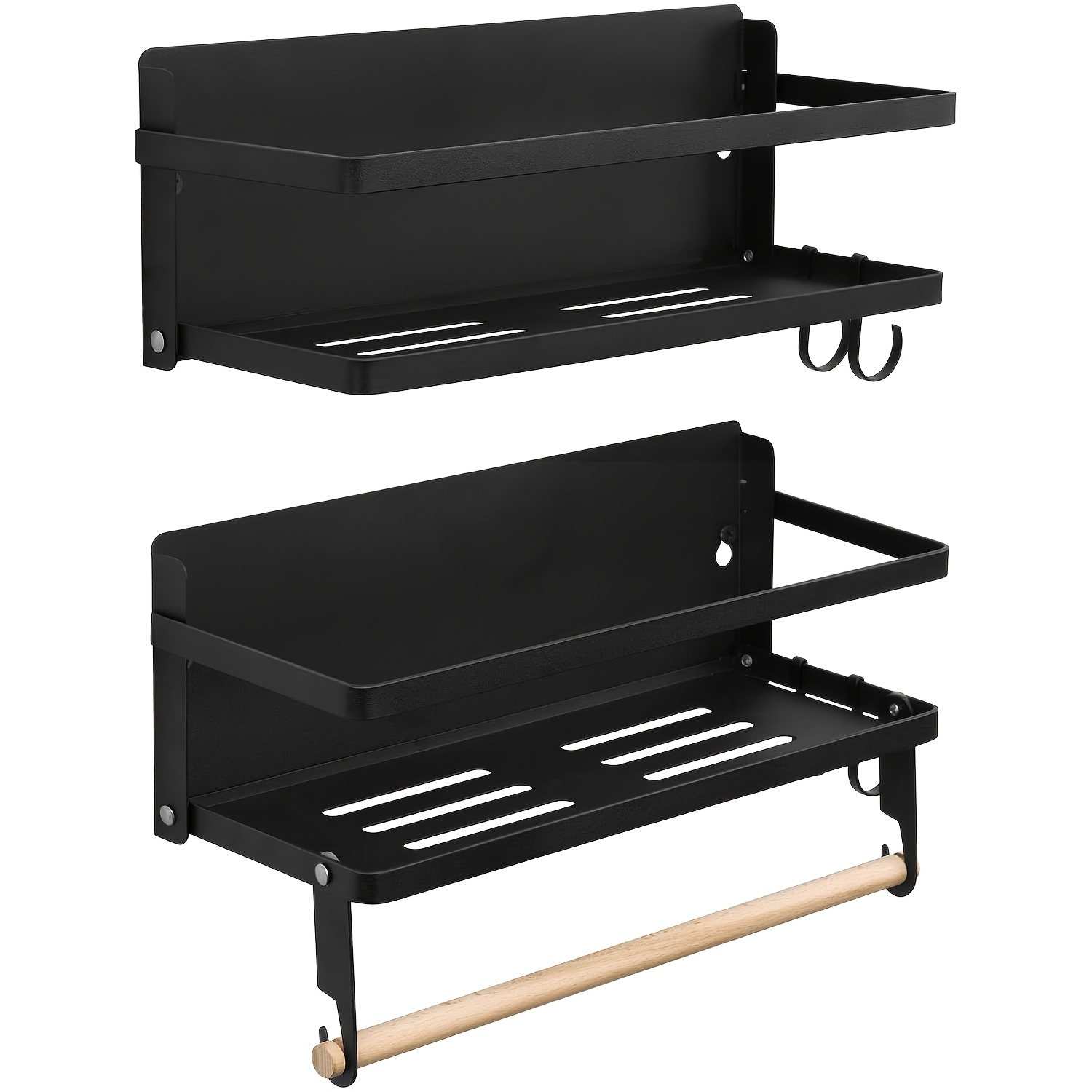 Image of 2pcs Spice Rack Wall Mount Set (2pcs), Wall-mounted Kitchen Rack With 4 Hooks, Spice Storage Box Hanging Rack, Metal And Wood, 30cm Wide, Black., Utility Racks