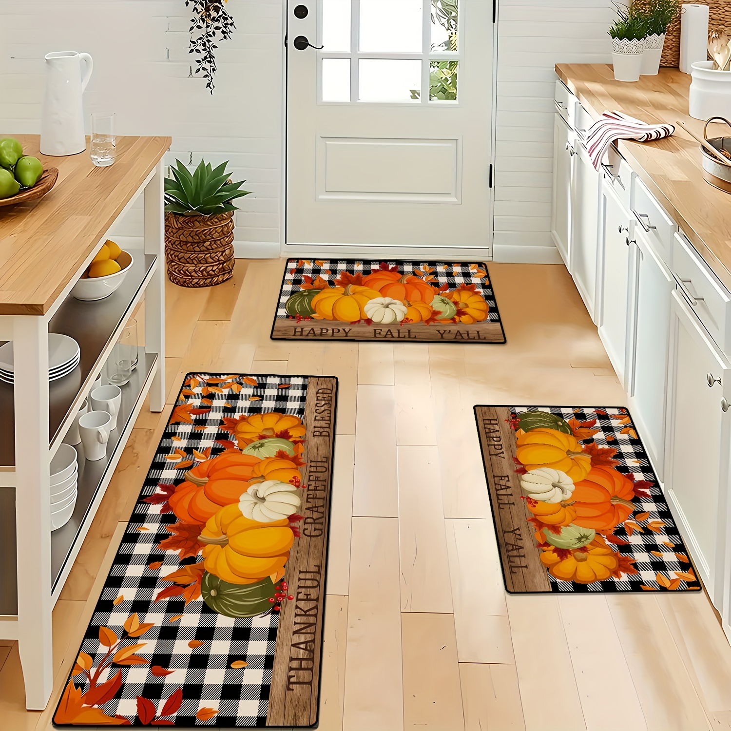 

happy Fall " Thanksgiving Pumpkin Kitchen Mat - Machine Washable, , And Fall Decor