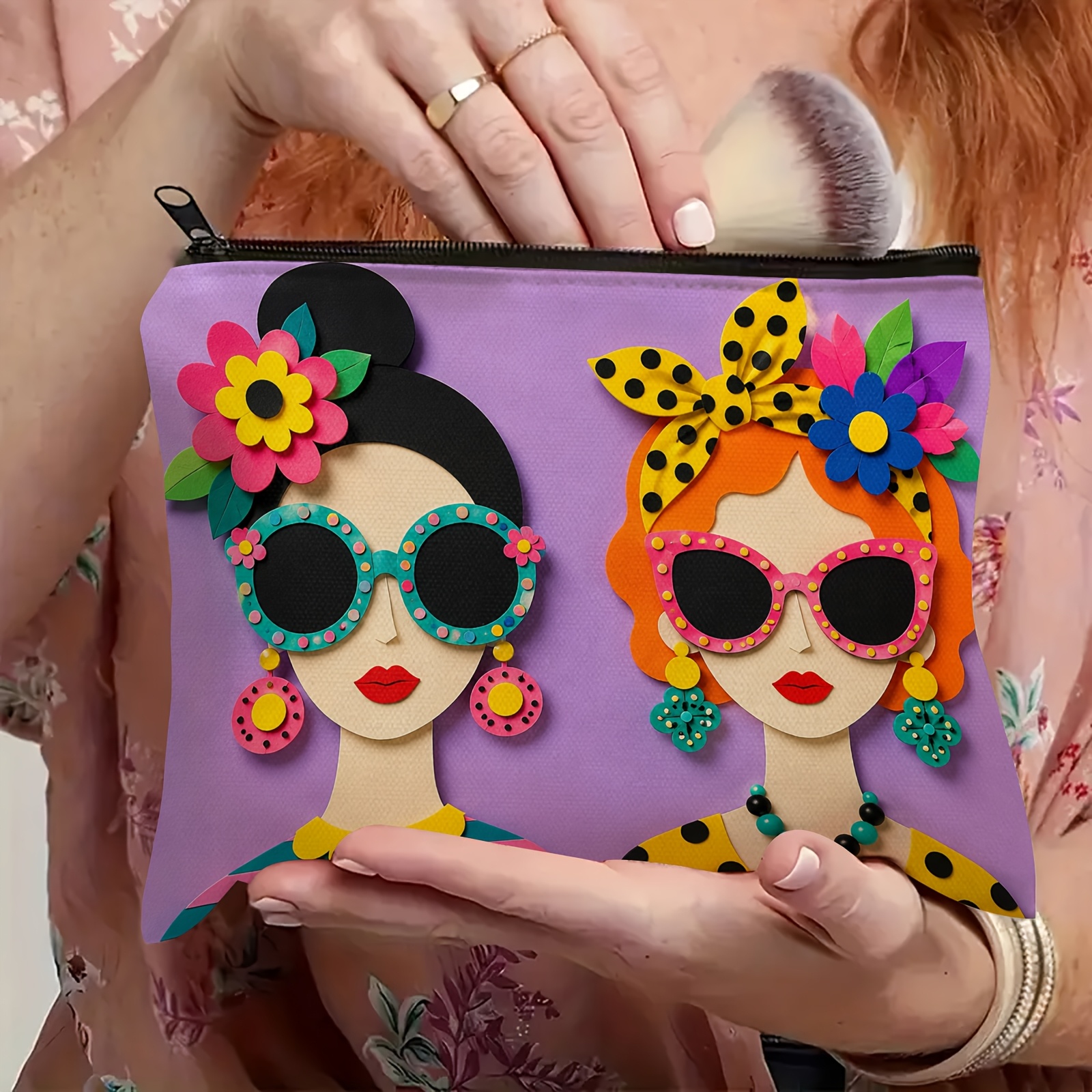TEMU Boho Chic Cosmetic Pouch - Colorful Floral & Polka Dot Girls Print For Organizing Makeup, Skincare, Toiletries & Jewelry. Great For Vacations,