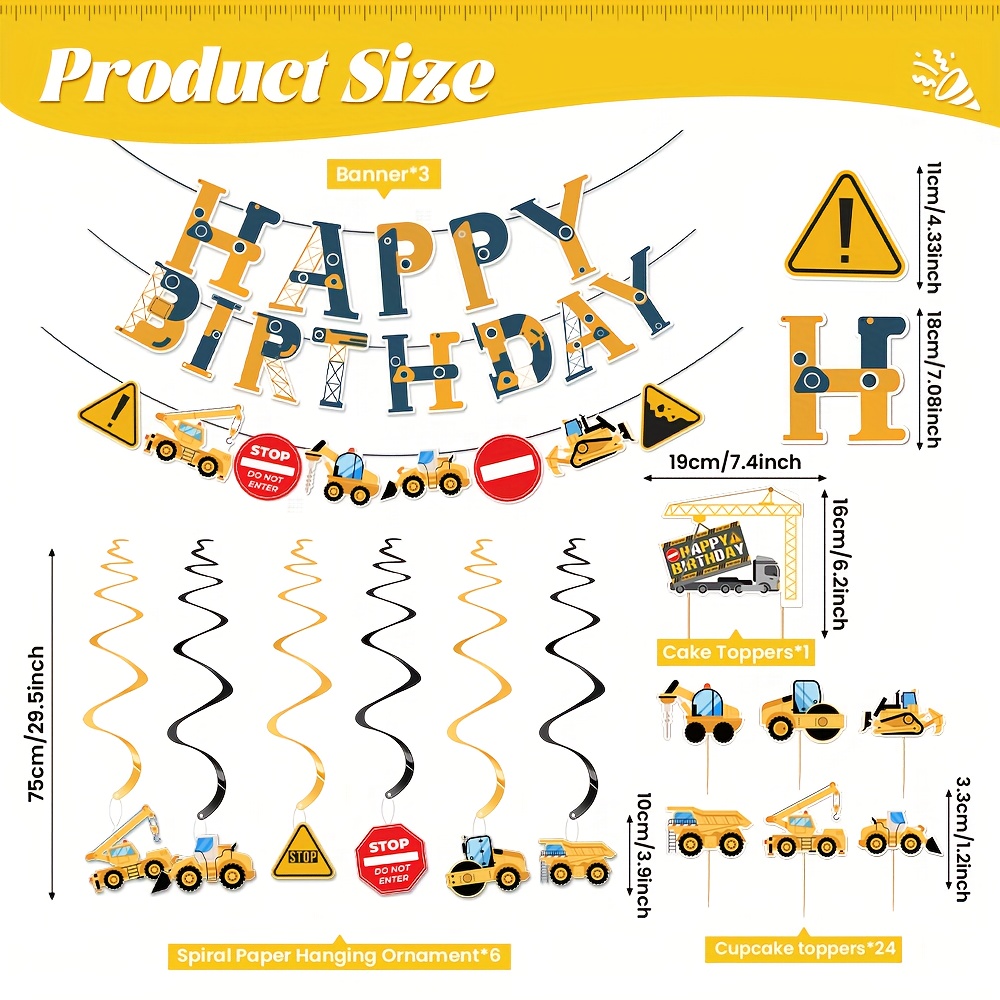 TEMU 33pcs Construction Party Supplies Set With Happy Birthday Banner, Hanging Swirls, Cake Topper Picks - Perfect For Construction Theme Birthday Party, Boys Birthday Party Decorations.