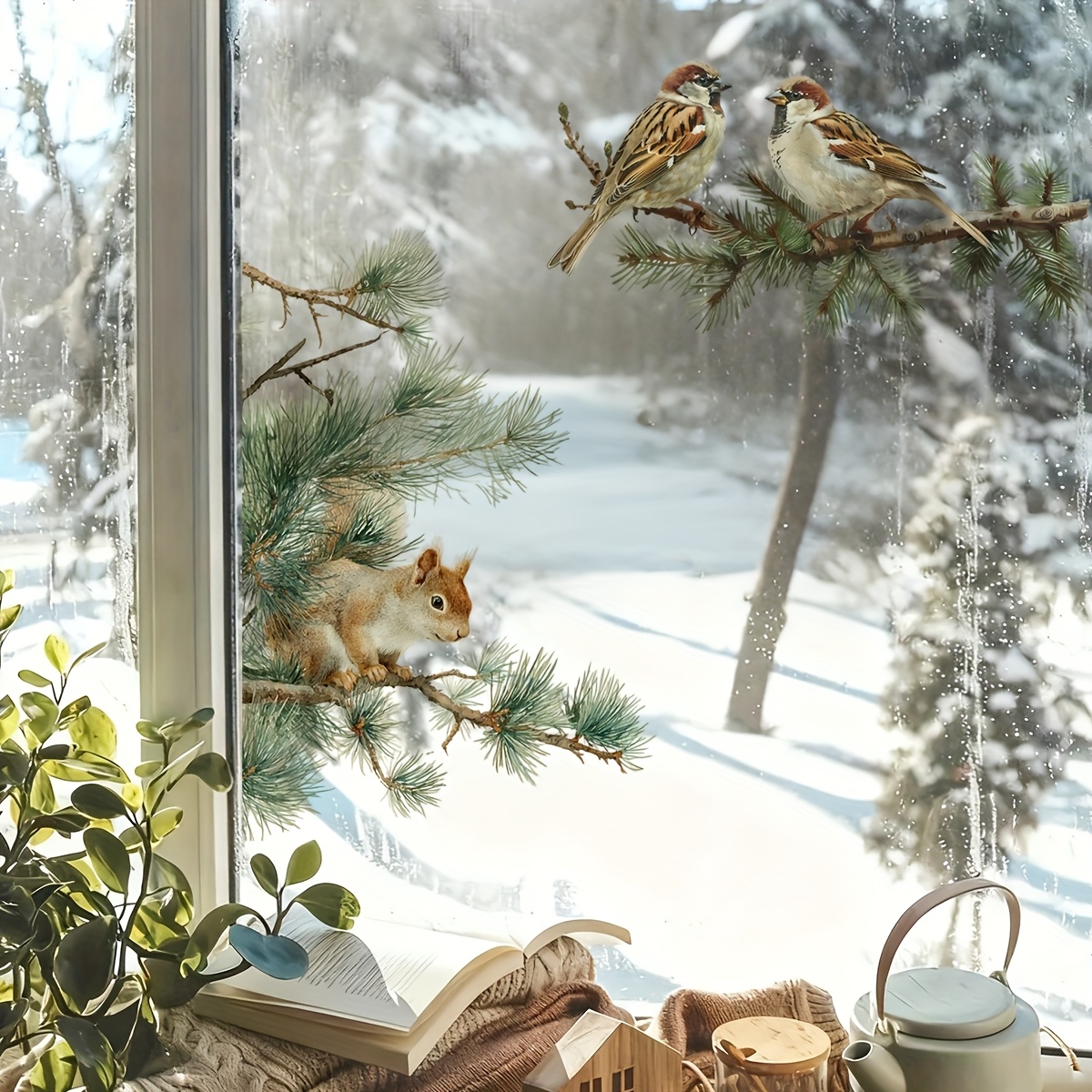 Winter Squirrel And Bird Window Stickers, Suitable For Home Windows And Shop Windows, A Winter Natural Atmosphere