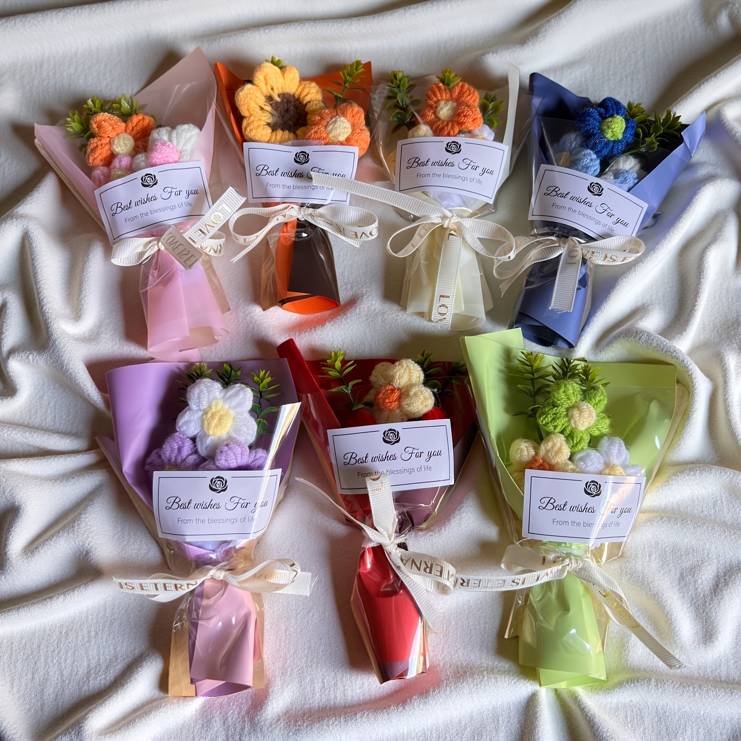 TEMU 7pcs Handmade Mini Crochet Flower Bouquets, Realistic Knitted Mini Flower Arrangements, Autumn Table Centerpiece Decoration, Unique Autumn Gifts
