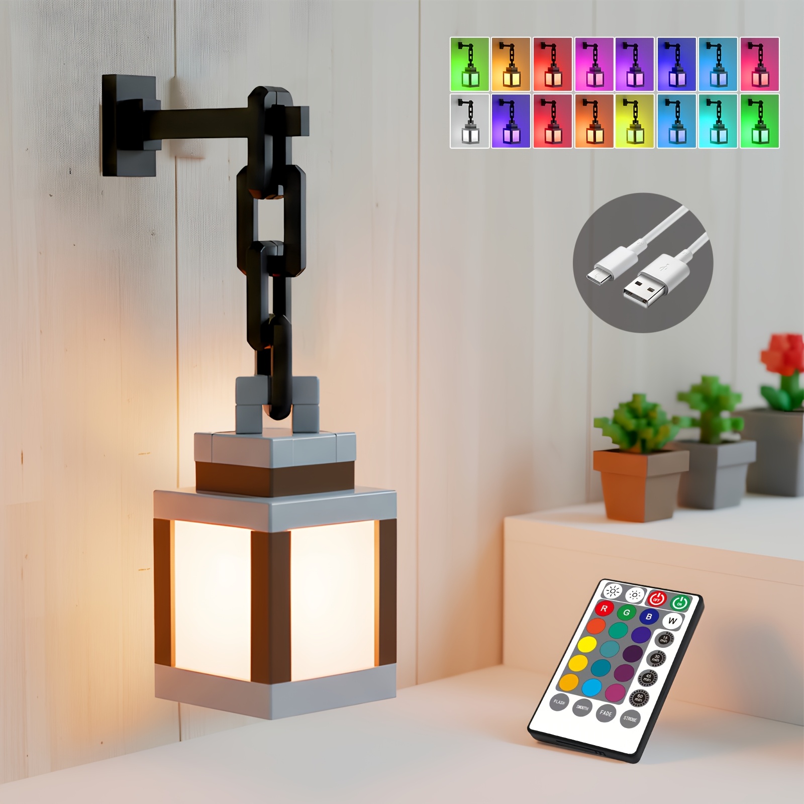 TEMU 16-color Usb Pixel Lantern: Rechargeable Night Light With Remote For Bedroom - Remote Requires Aaa Batteries (not Included)
