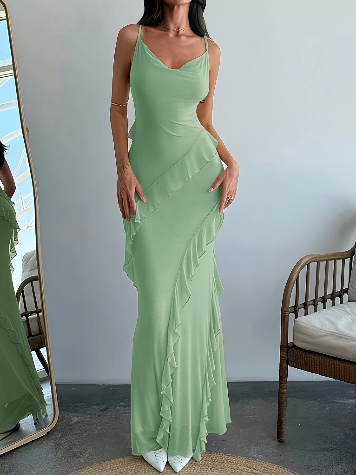 elegant light blue ruffle draped bodycon maxi dress women v Temu