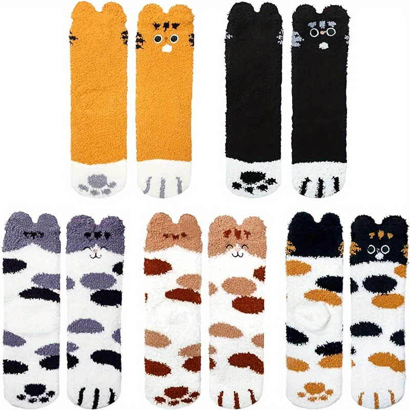 awesome 5 Pairs Women'S Slippers Socks | Coral Fleece Knee-length Socks with Cartoon Cat Paw Design, Plush and Fluffy for Winter 6 awesome 5 Pairs Women'S Slippers Socks | Coral Fleece Knee-length Socks with Cartoon Cat Paw Design, Plush and Fluffy for Winter - Image 6